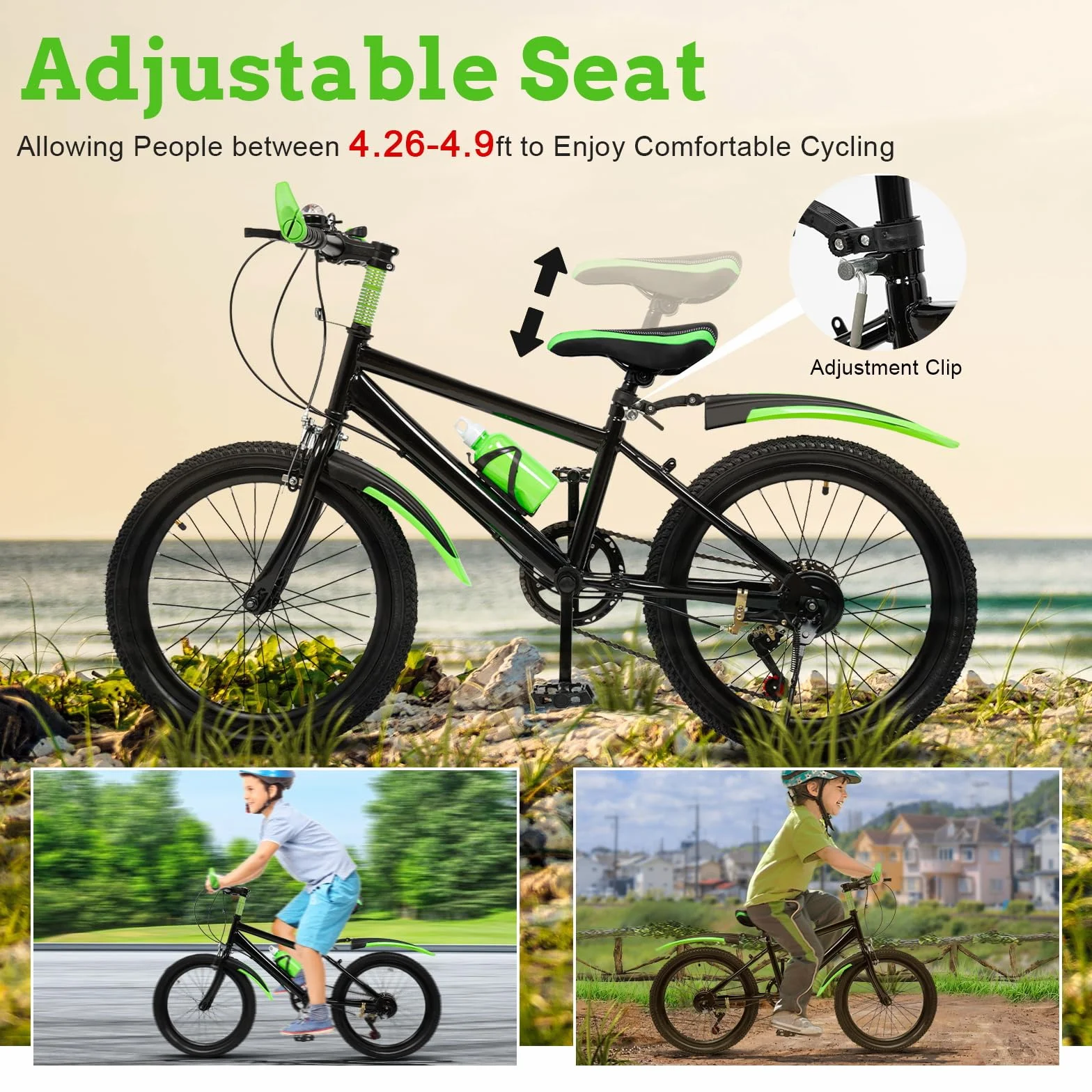 Bicicleta de montaña para niños de 20 pulgadas, con guardabarros, 7 marchas, bicicleta de montaña para niños y niñas, rueda de suspensión de acero al carbono, regalo para 125 cm hasta 155 cm