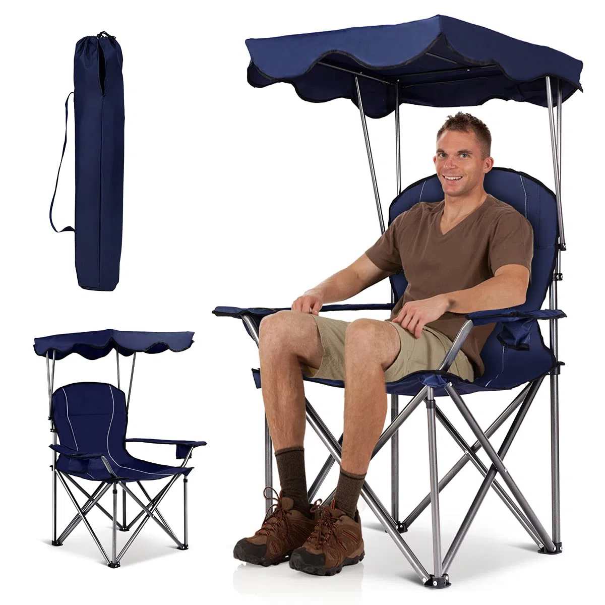 RELAX4LIFE Silla Plegable Camping con Toldo para Pesca y Marco de Acero, Silla de Playa de Tela Oxford con Soporte para Bebidas y Bolsa de Transporte para Excursión y Camping, Carga 120kg (Azul)