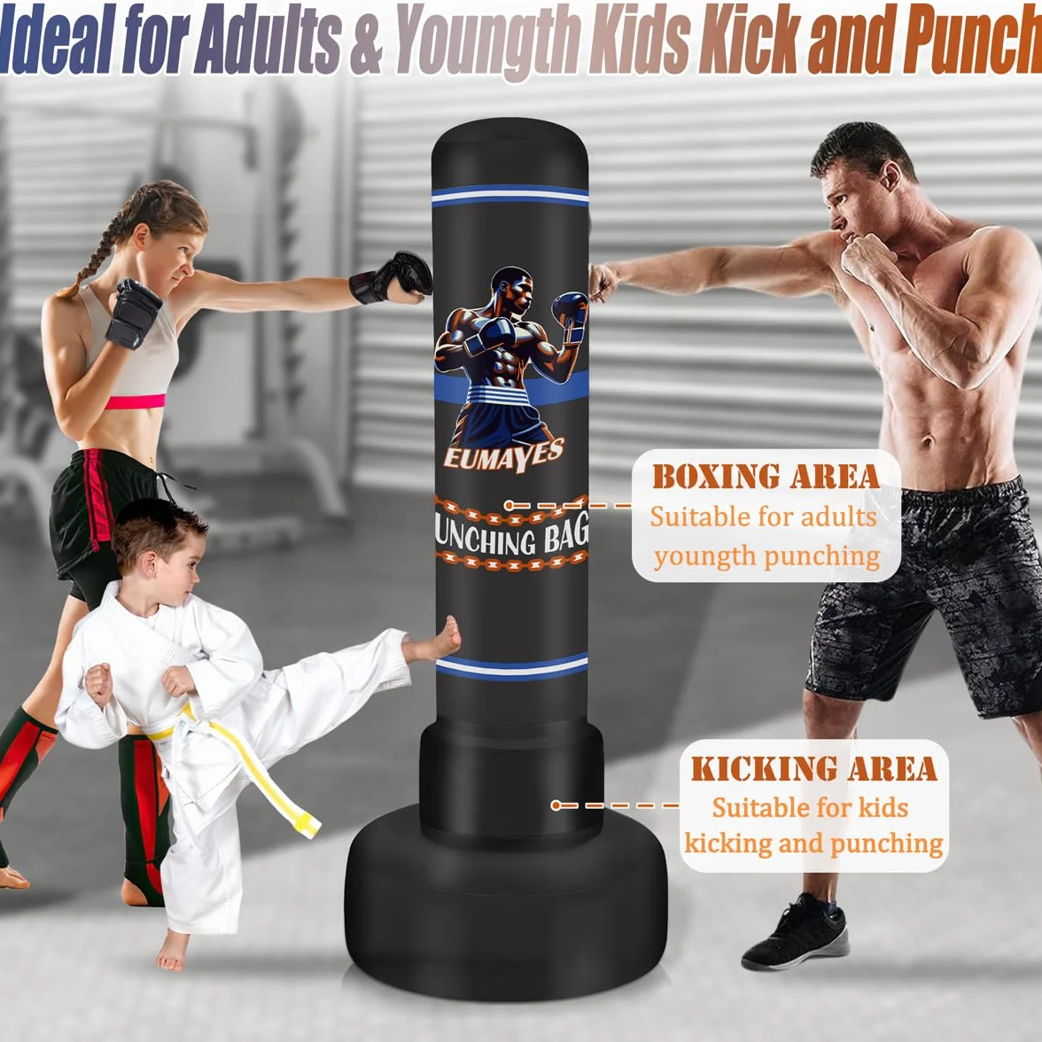 Saco de Boxeo con Soporte Adulto, 180cm Saco de Boxeo de Pie con Bomba de Aire eléctrica, Inflable Kickboxing Bolsa Independiente para Entrenamiento Taekwondo Muay Thai Principiantes