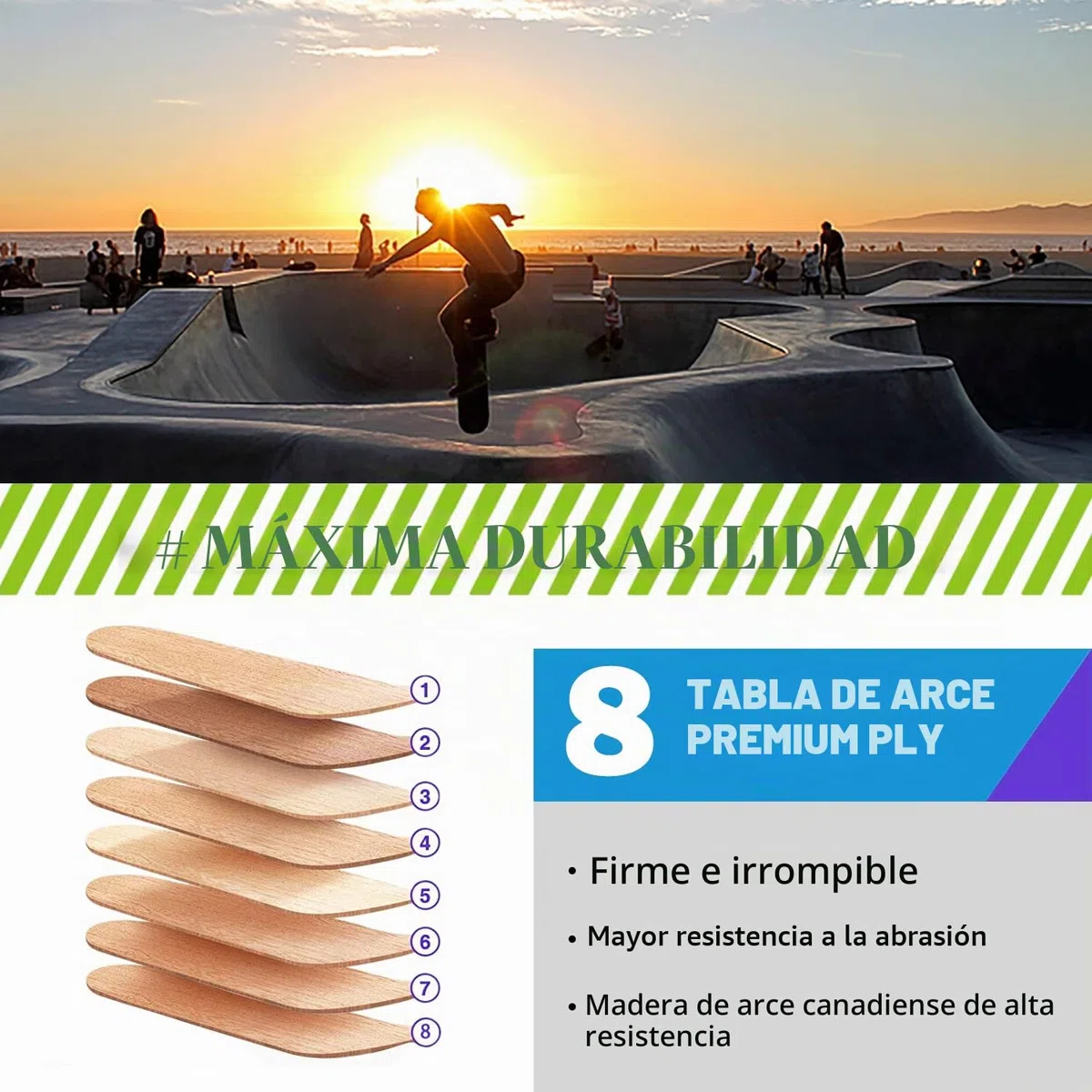 Monopatín Completo de 80 x 20 cm, Tabla de Madera de Arce 8 Capas Doble Golpe estándar para niños, Adolescentes, Adultos, Principiantes
