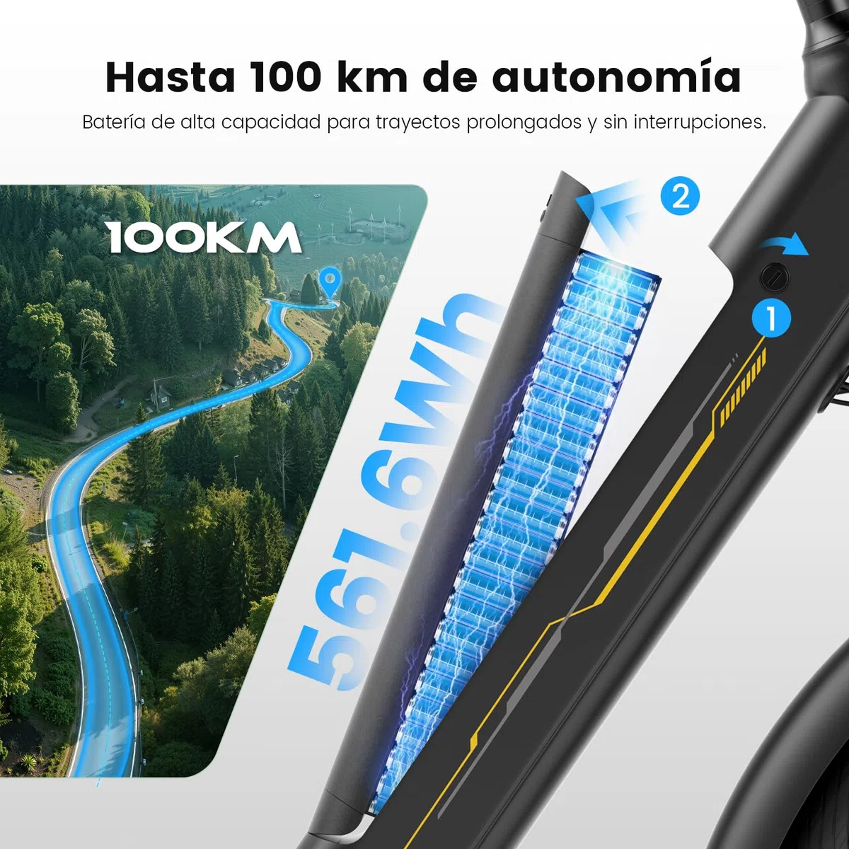 Bicicleta eléctrica de 27,5" para Mujer, Motor 250W, batería 36V 15,6Ah, autonomía hasta 100 km, Frenos de Disco mecánicos, suspensión Delantera, 7 velocidades