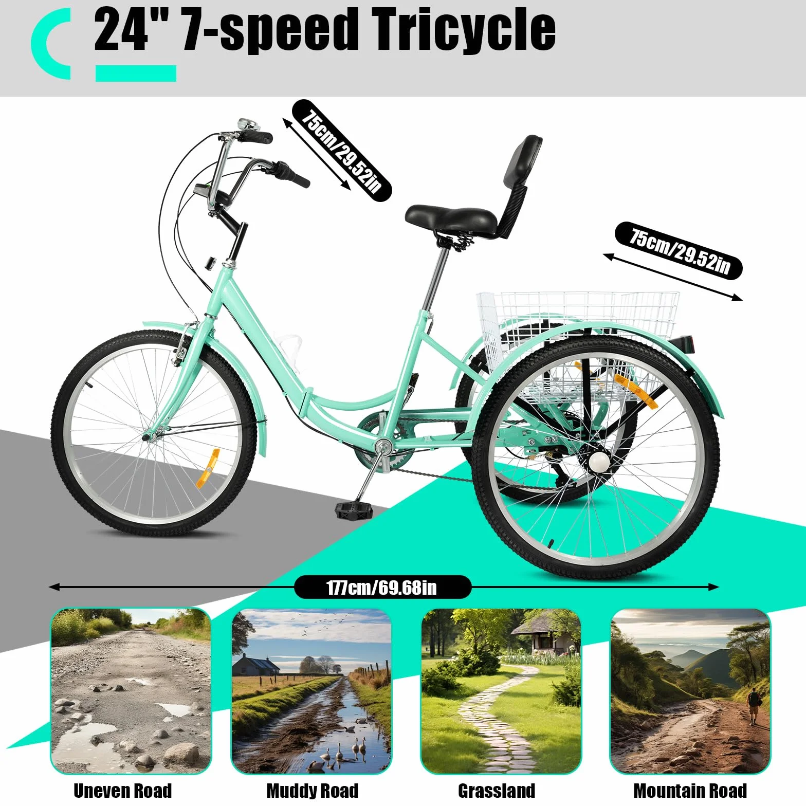 Triciclo de 24 pulgadas de 7 velocidades para adultos, bicicleta de crucero de 3 ruedas, bicicleta de carga, triciclo plegable con portavasos y cesta de verduras, ajustable para adultos