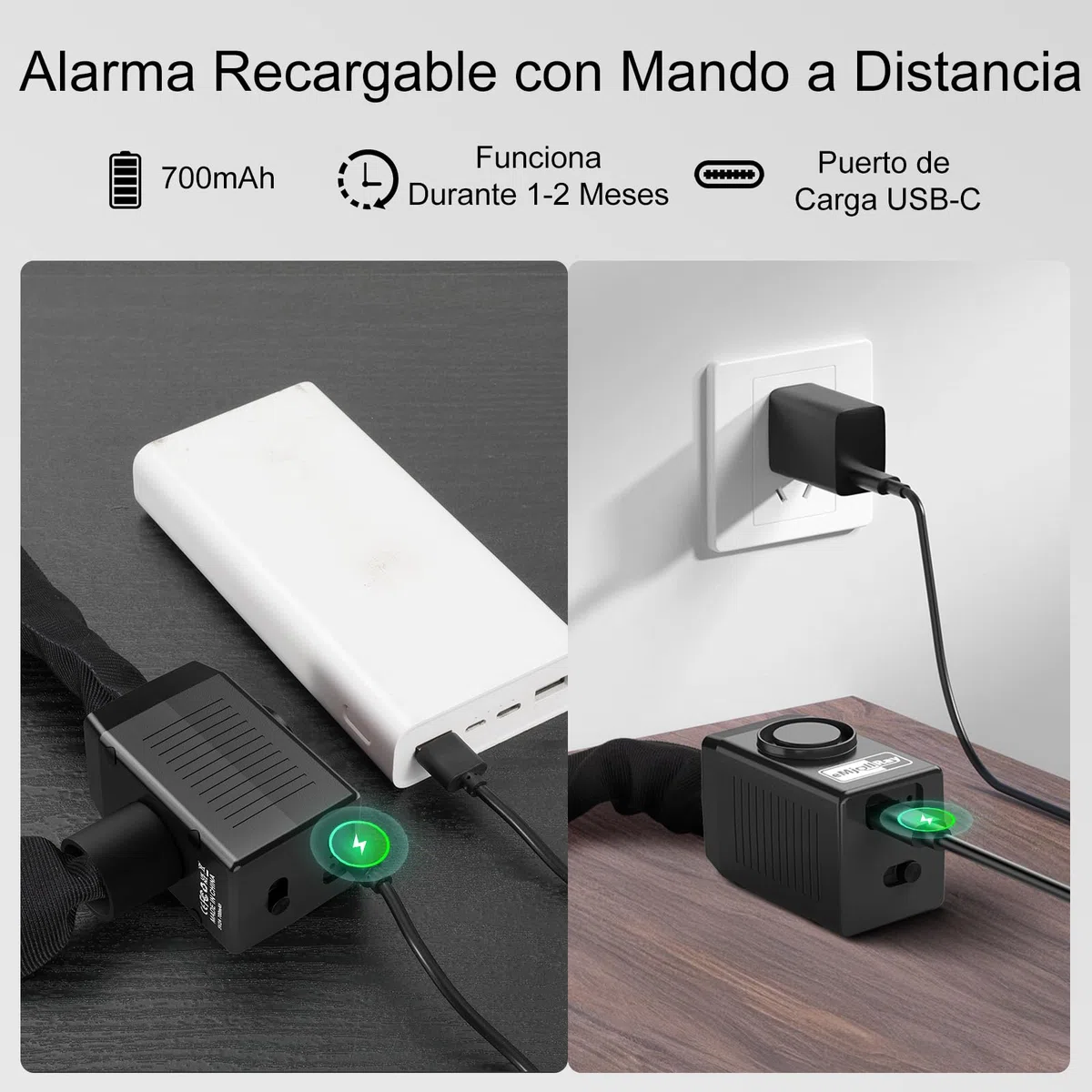 Candado de bicicleta con alarma de 120 cm, 110 dB, sistema de alarma para bicicleta eléctrica, motocicleta, candado con 2 mandos a distancia, 3 llaves, cable USB C, funda de silicona, funda