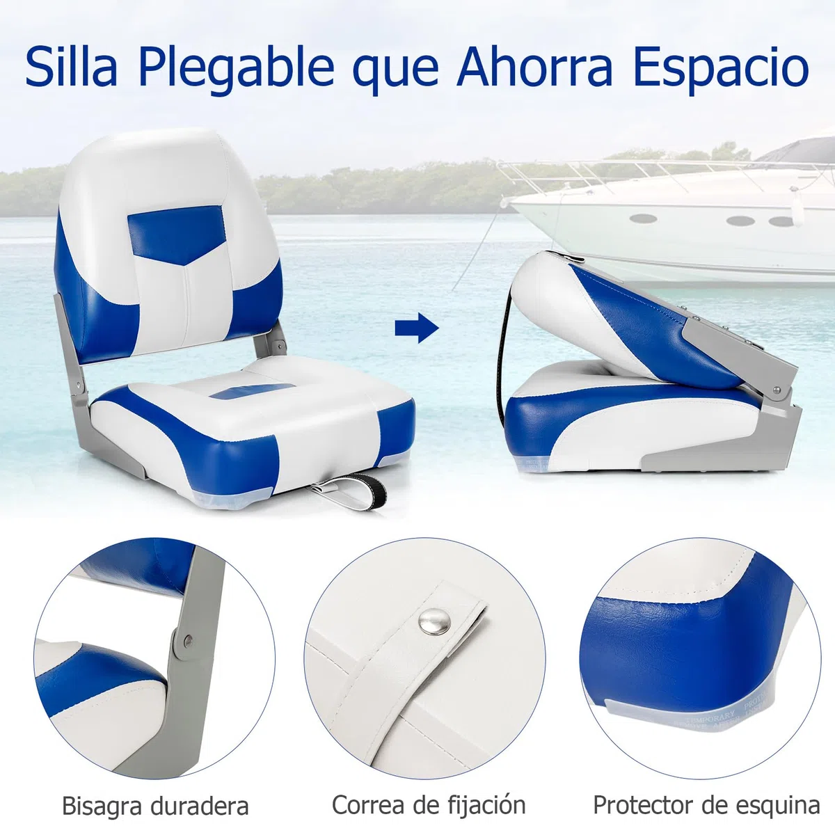 GOPLUS Juego de 2 Asientos de Barco, Silla Plegable para Barco Impermeable, Asiento Yate Ergonómico con Correas y Tornillos de Fijación, 42 x 50 x 52 cm, para Pescar, Pilotaje, Barco de Pesca (Azul)