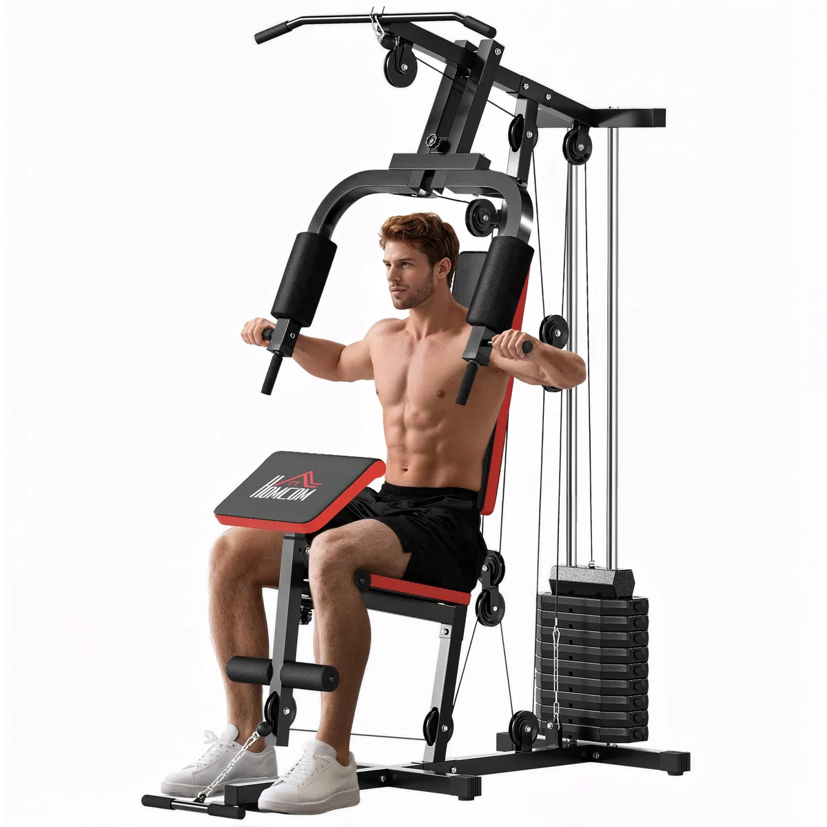 HOMCOM Multiestación Musculación, Máquina de Musculación con Prensa de Pecho, Placas de Peso 65 kg, Curl de Piernas y Brazos, Polea Mariposa, Carga 100 kg para Entrenamiento Casa Gimnasio