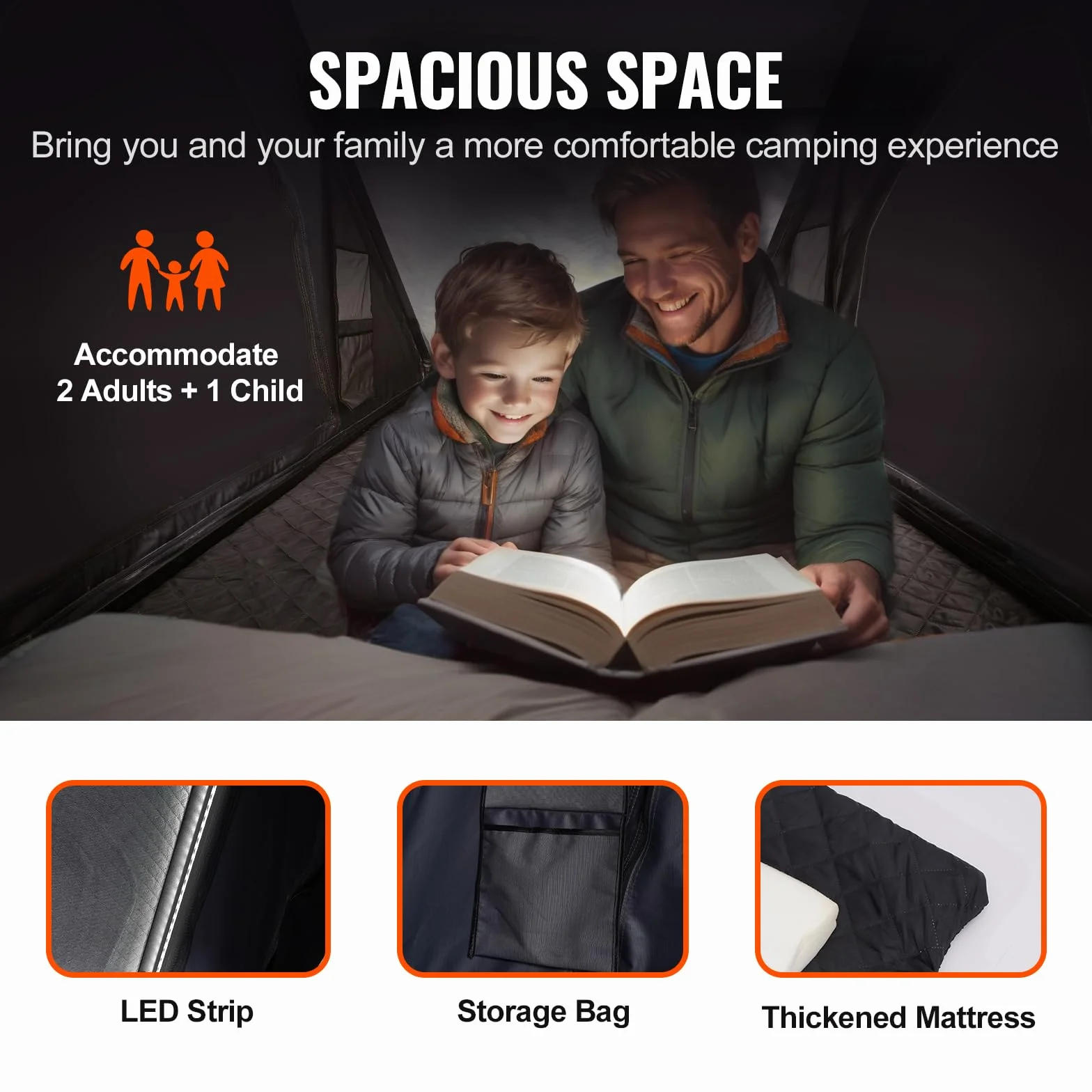 VEVOR Tienda de Techo Rígida para 2 o 3 Personas, con Escalera Telescópica y Colchón Grueso, Impermeable y Resistente al Viento para Camionetas Jeep, SUV y Furgonetas, 1460 x 2630 x 1290 mm, Negro