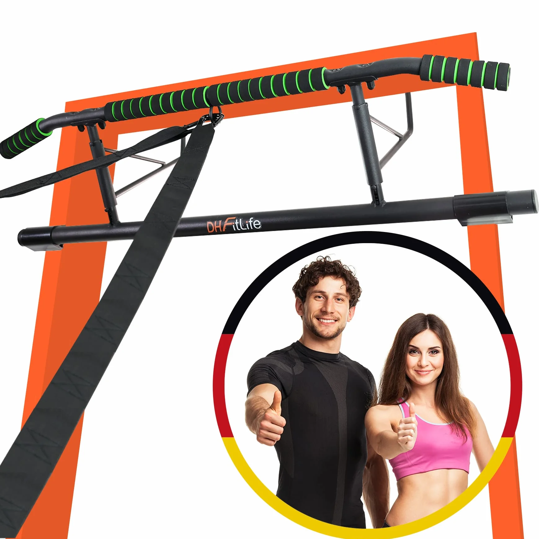 DH FitLife Barra de Dominadas para Marco de Puerta sin Tornillos | Pull up bar Doorway | Barra de Tracción Multifuncional para Colgar | incl. Entrenador de Suspensión | para Puerta de 70 – 92 cm