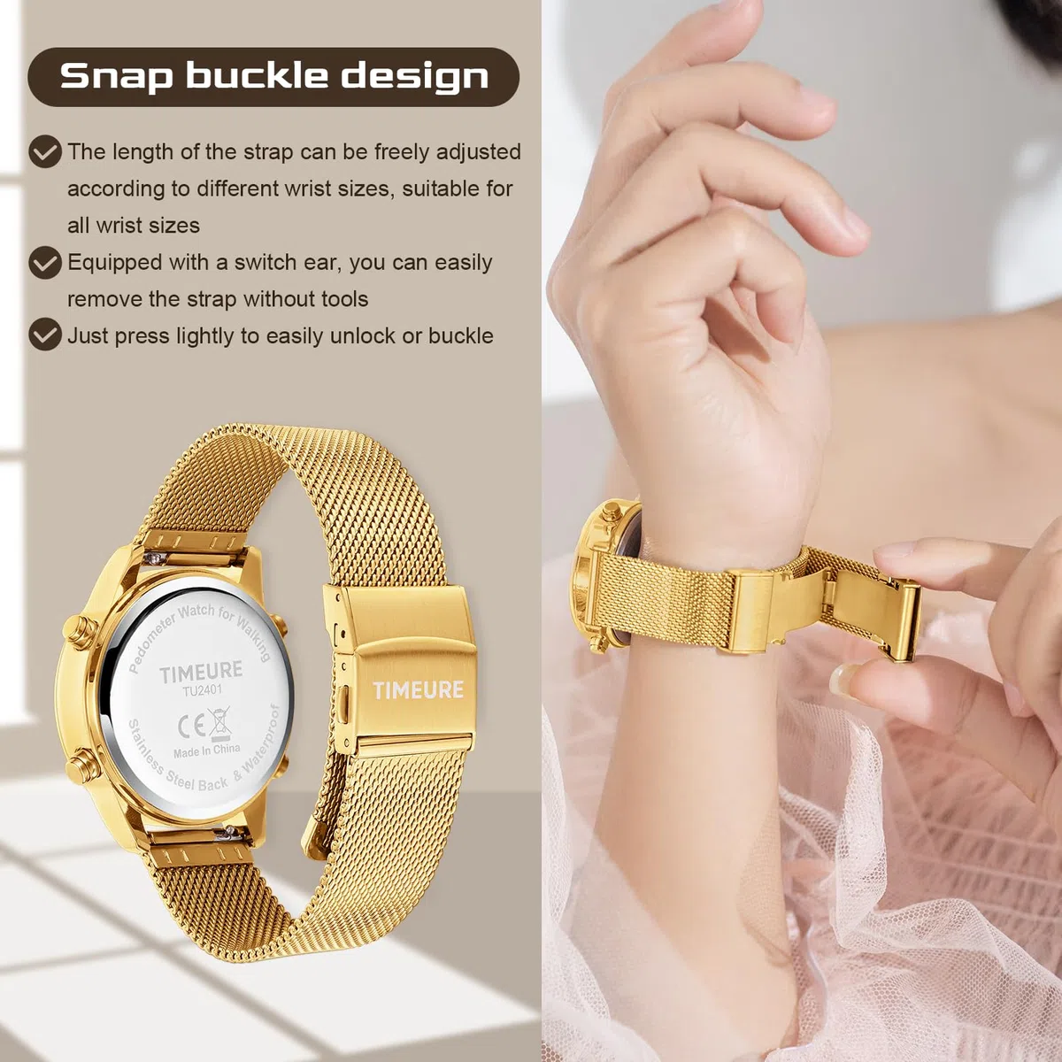 TIMEURE Reloj podómetro para mujer, con contador de pasos, piedra de cristal, sin aplicación, no necesita carga para pasos, calorías, seguimiento de distancia, alarma, temporizador de cuenta