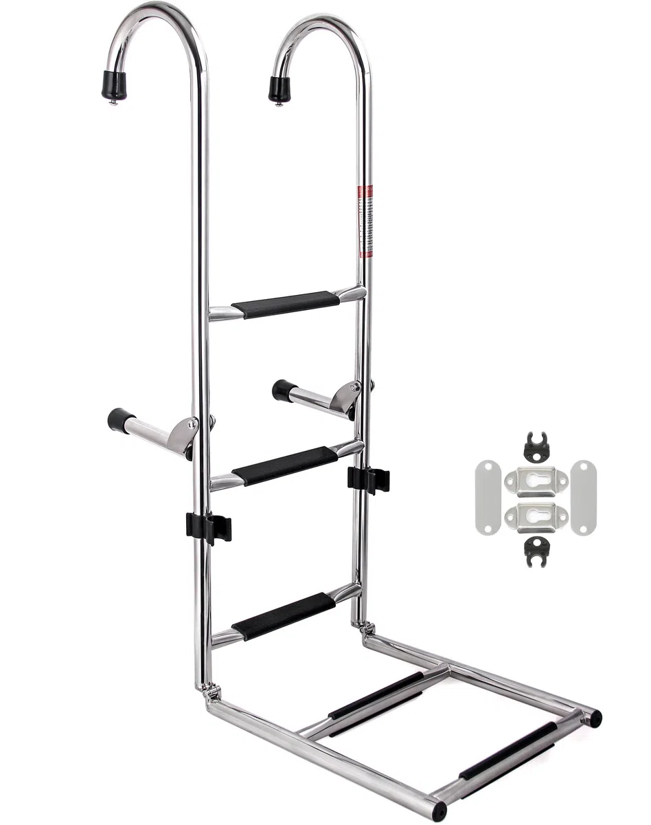 Escalera plegable de acero inoxidable de 5 escalones, escalera de barco resistente con escalones antideslizantes para pontón, muelle, piscina y RV