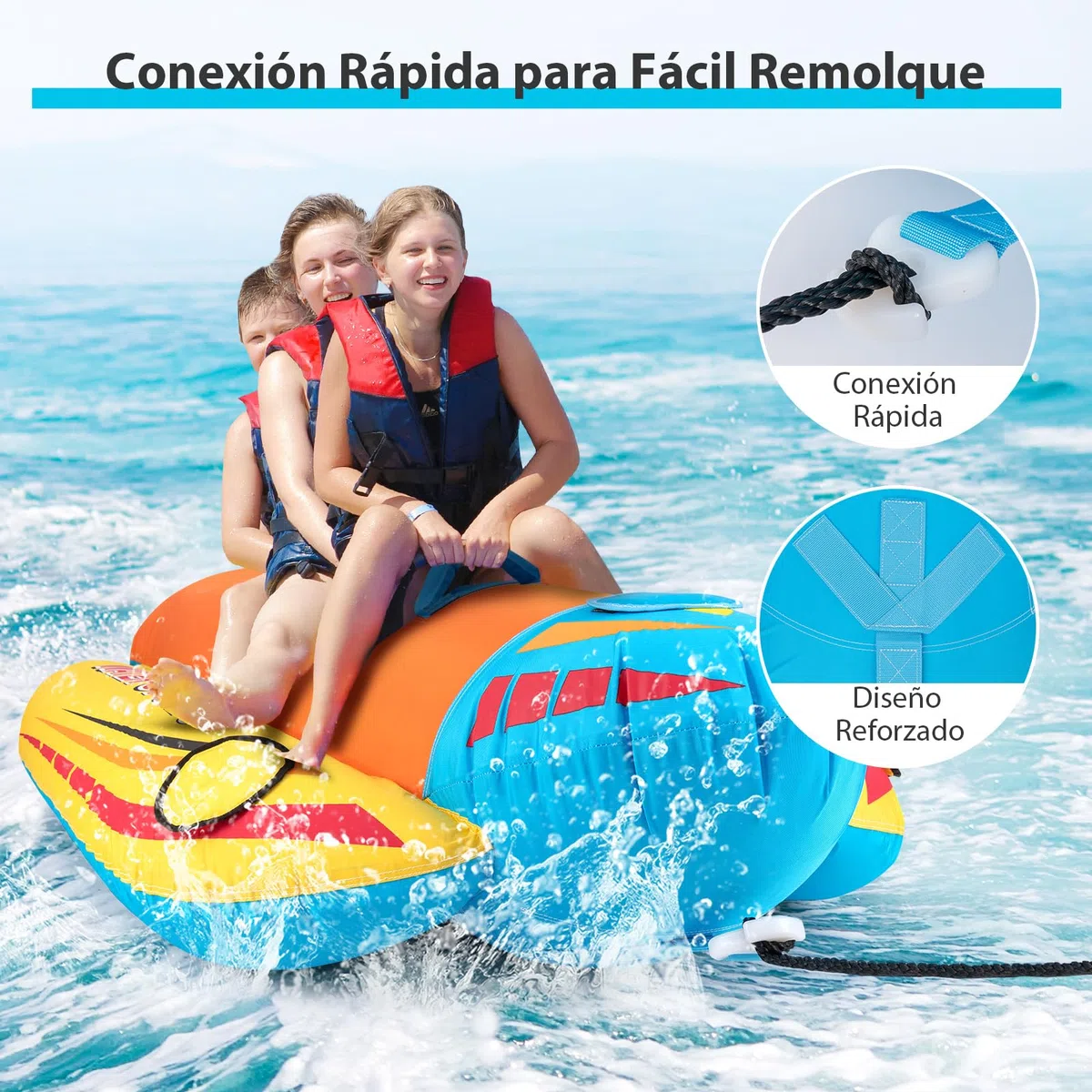 COSTWAY Tubo Remolcable para 1-3 Pasajeros, Bote Banana Inflable para Paseos y Deportes Acuáticos, Recreación con 3 Asientos y Manijas Acolchados de EVA, Kit de Reparación Incluido