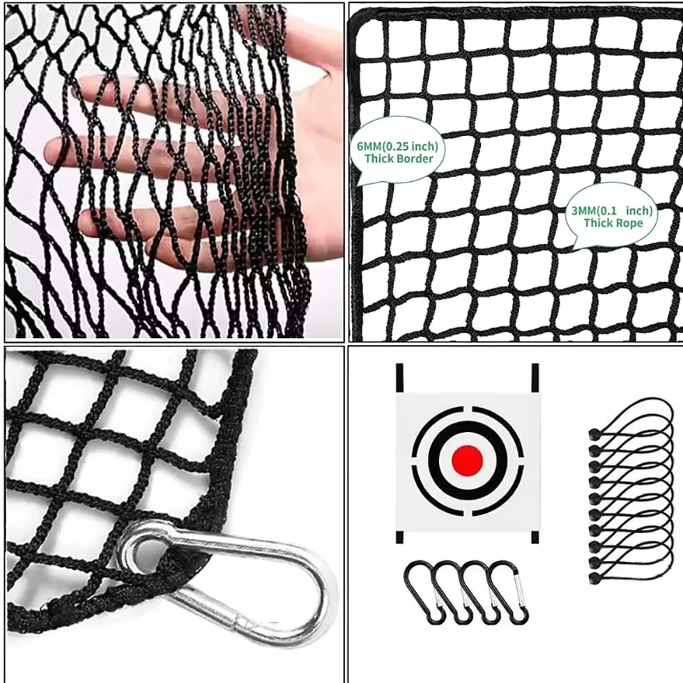 Red de Práctica Golf 3mx6m con Diana Integrada–Malla Poliéster Negro 2,54cm +10 Bolas Elásticas+4 Mosquetones–Bordes Reforzados, Instalación Rápida en Jardín|Red Entrenamiento Swing Exterior/Interior