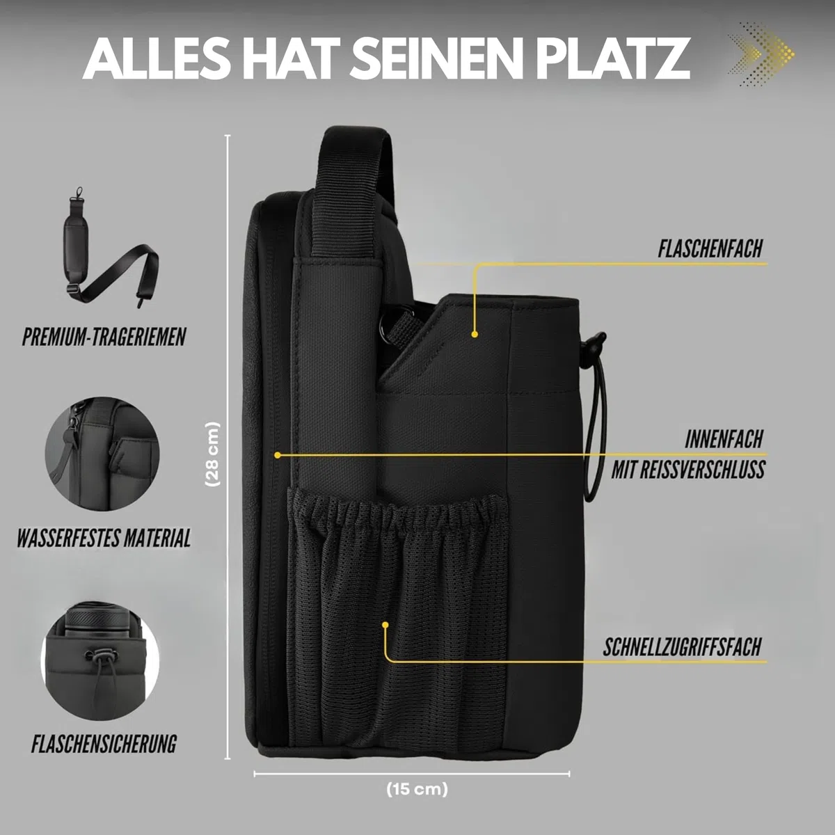 Benson - Bolsa de fitness magnética con fuerte fijación magnética, soporte para botella de 1200 ml, compartimento para teléfono móvil y mosquetón, para hombre y mujer, ideal para deportes, uso diario