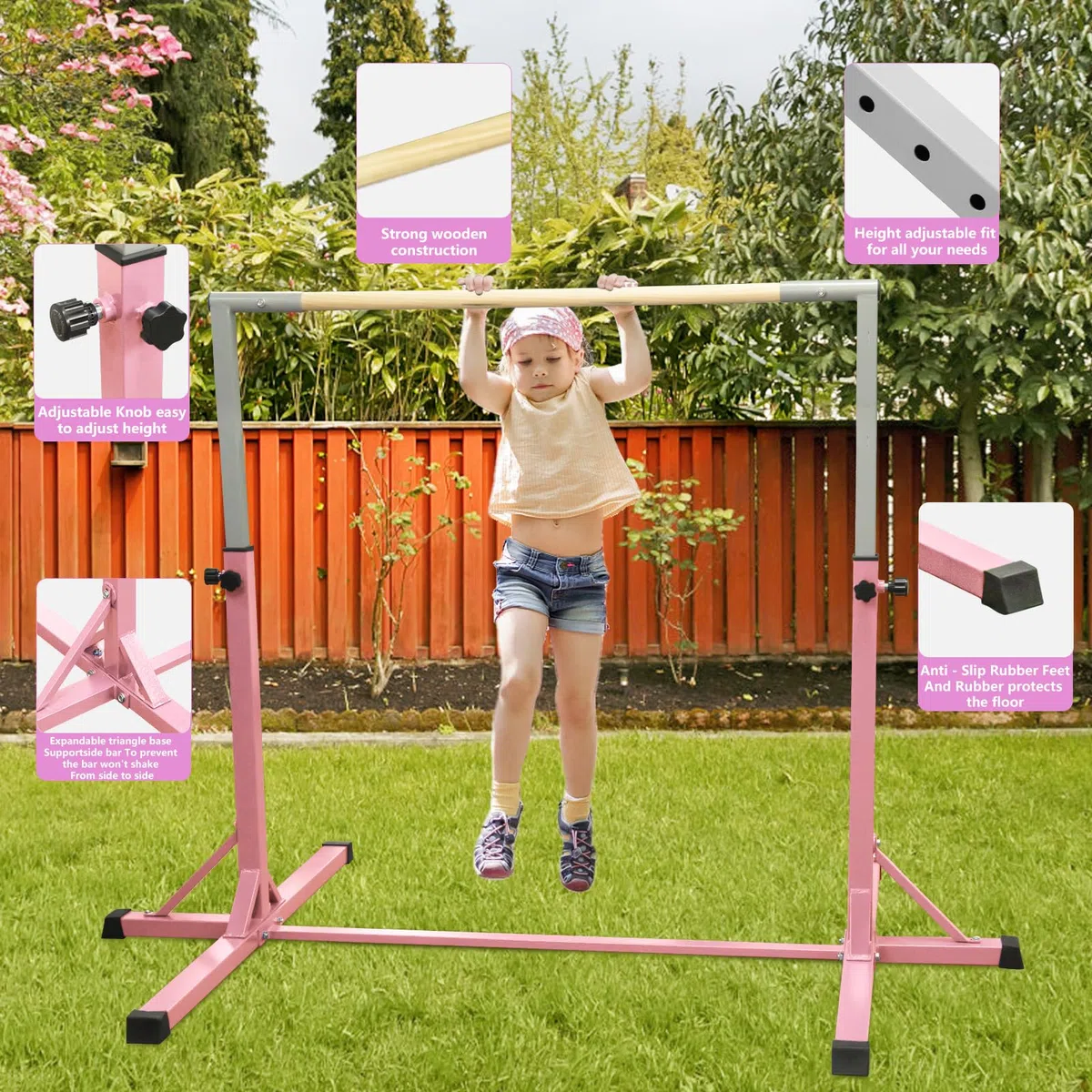 FBSPORT Barra de Gimnasia para Niños Barra Horizontal de Gimnasia con 13 Altura Ajustable de Barra de Entrenamiento con Anillos de Gimnasia Barra de Entrenamiento de Gimnasia expandible Junior Verde