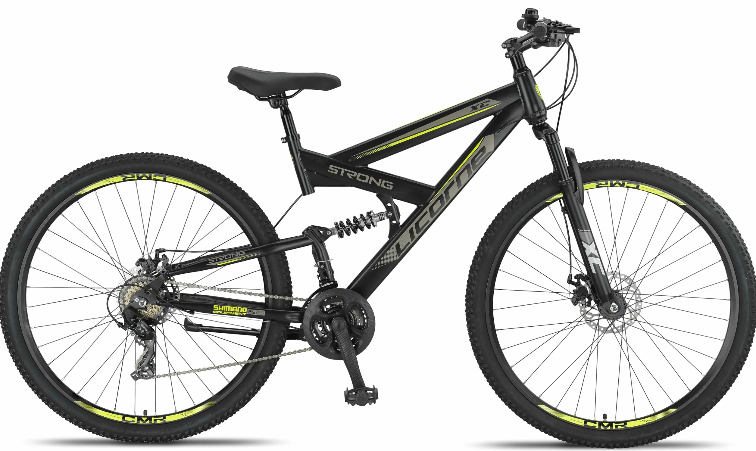 Licorne Bike Bicicleta de montaña Strong 2D, para niños, niñas, mujeres y hombres, freno de disco delantero y trasero, 21 velocidades, suspensión completa, negro/lima, 29 pulgadas, negro, lima