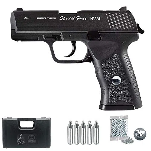 Borner W118 | Pistola de balines (Bolas bb's de Acero) Sistema blowback Tipo H&K USP Compact + maletín y Accesorios