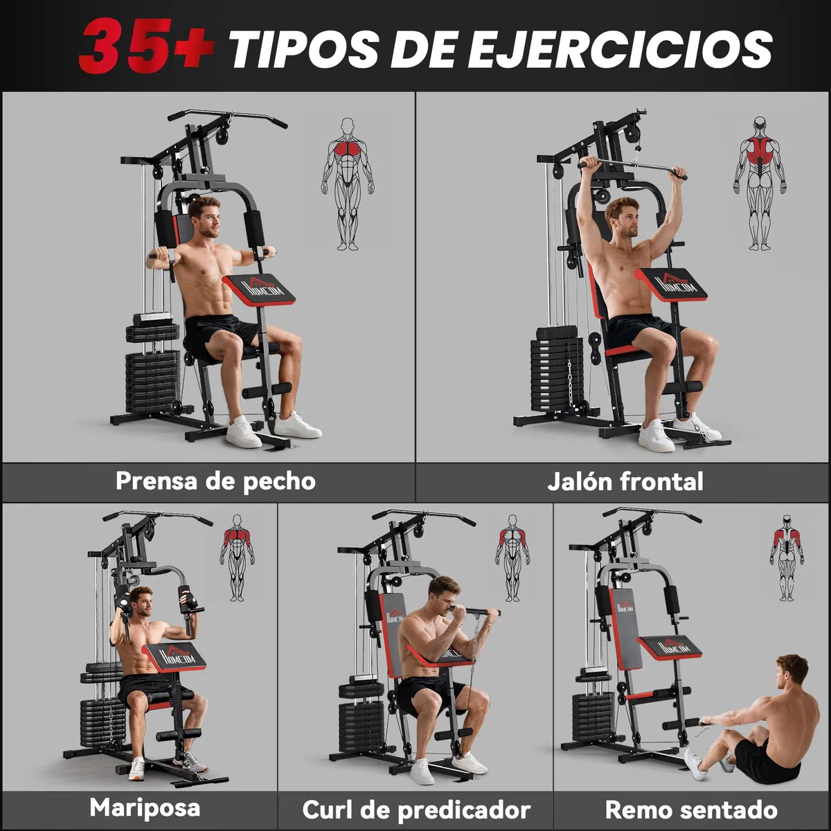 HOMCOM Multiestación Musculación, Máquina de Musculación con Prensa de Pecho, Placas de Peso 65 kg, Curl de Piernas y Brazos, Polea Mariposa, Carga 100 kg para Entrenamiento Casa Gimnasio