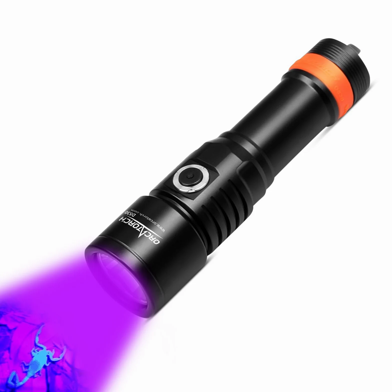 ORCATORCH Luz de buceo D530, luz LED UV de 395 NM, luz negra con ángulo de haz estrecho de 8 grados, interruptor de botón lateral de aleación de titanio, 2 modos de iluminación, impermeable IP68 para
