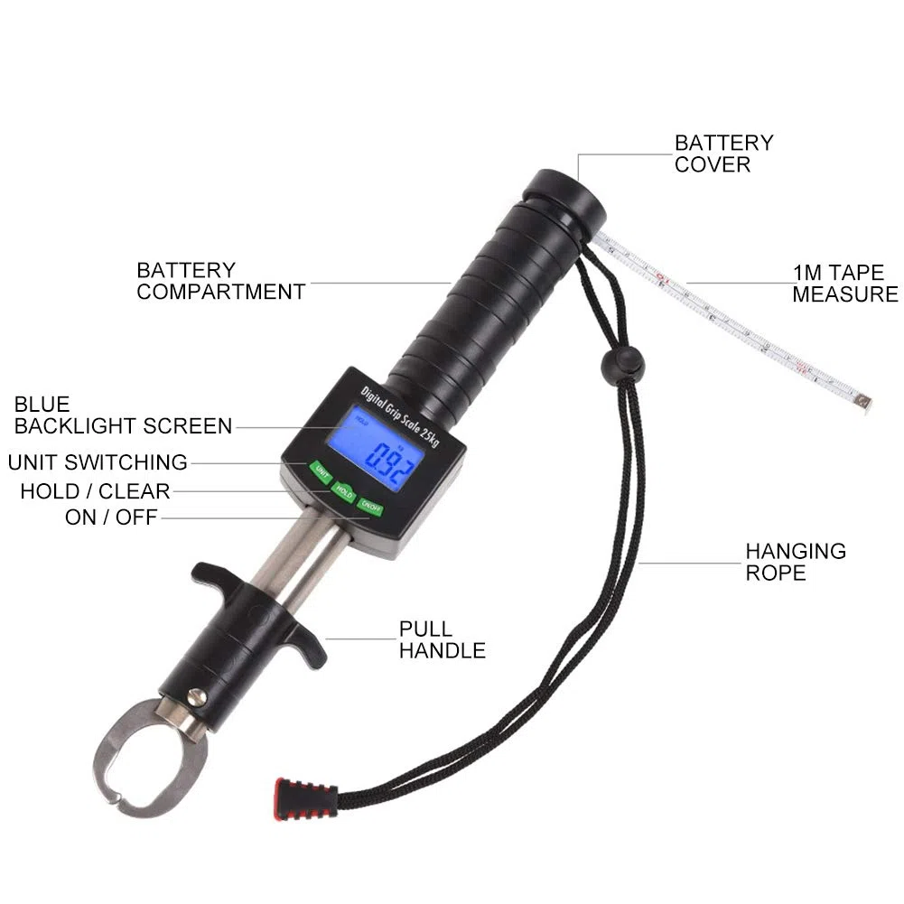 Pese 25 kg / 55 LB Digital Fish Gripper, 3 en 1 Portable Fishing Tool Kit Lip Grabber Grip Grabber con escala de peso y 1M de cinta