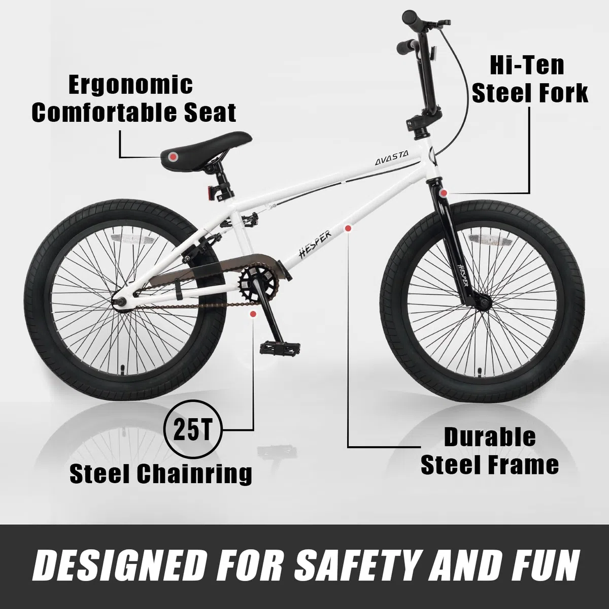 AVASTA Hesper Bicicleta infantil de 20 pulgadas Freestyle BMX para 6, 7, 8, 9, 10, 11, 12, 13, 14 años, niños y principiantes, blanco