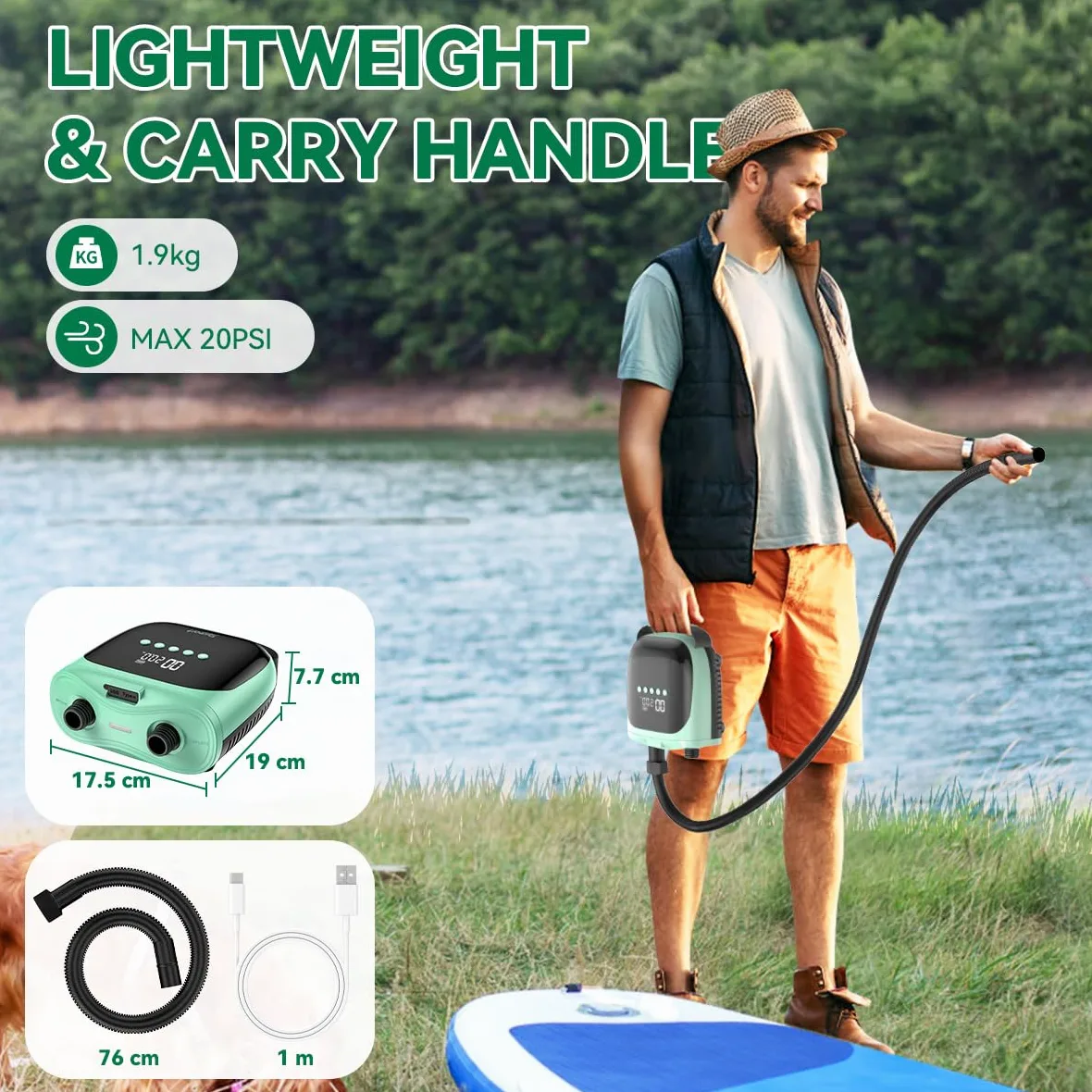 FBSPORT Inflador Electrico Paddle Surf Recargable 4000mAh Batería & 12V DC, 20PSI Bomba de Aire Eléctrica con Función de Apagado Automático y LCD Hinchador para Kayak Colchón de Aire Tienda y Barco