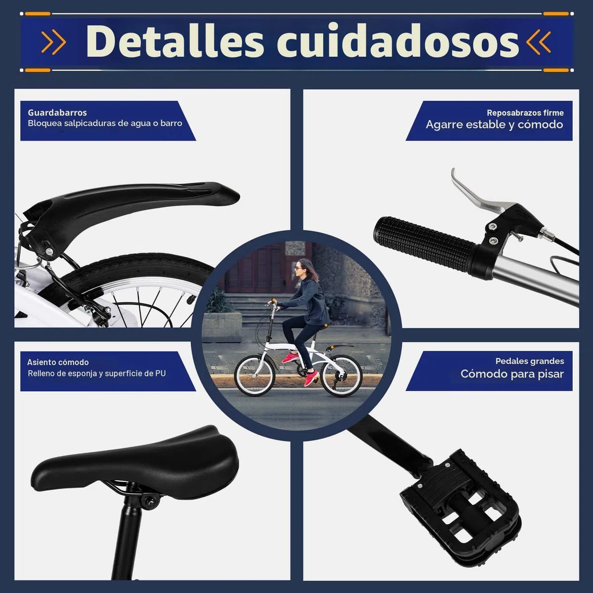Bicicleta plegable 20 pulgadas, color blanco, 6 marchas, asiento y manillar ajustables, plegado rápido, 90 kg