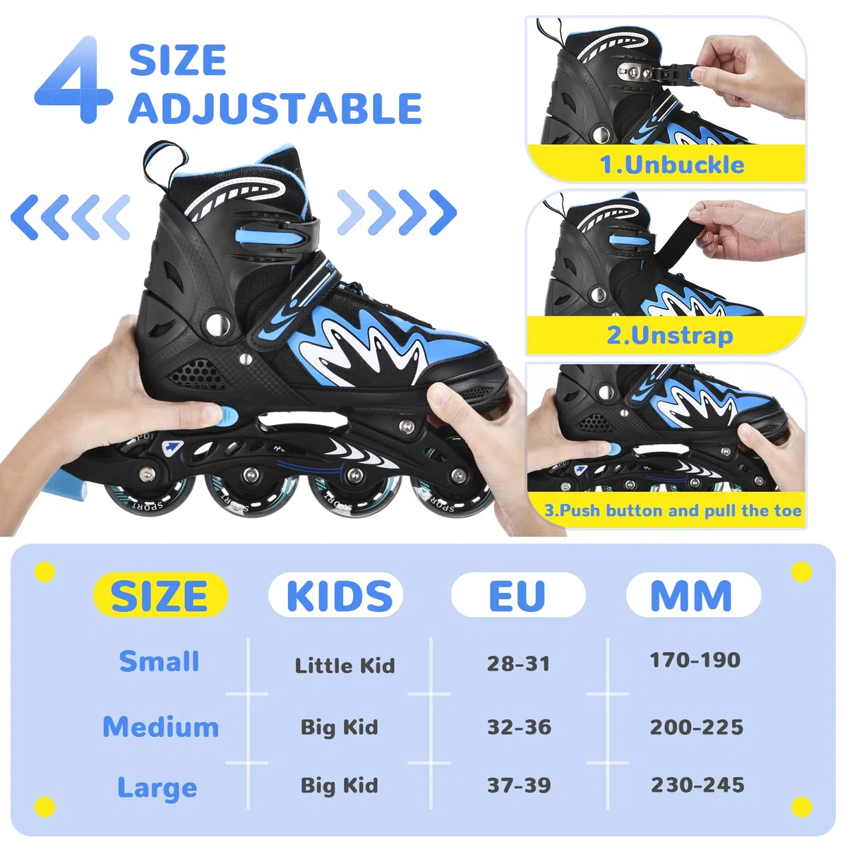 TOMSHOO Patines en Línea para Niña Niños, Patines 4 Tamaños Ajustables, LED Ruedas, Patines Línea para Niños, Niñas, Adolescentes Principiantes