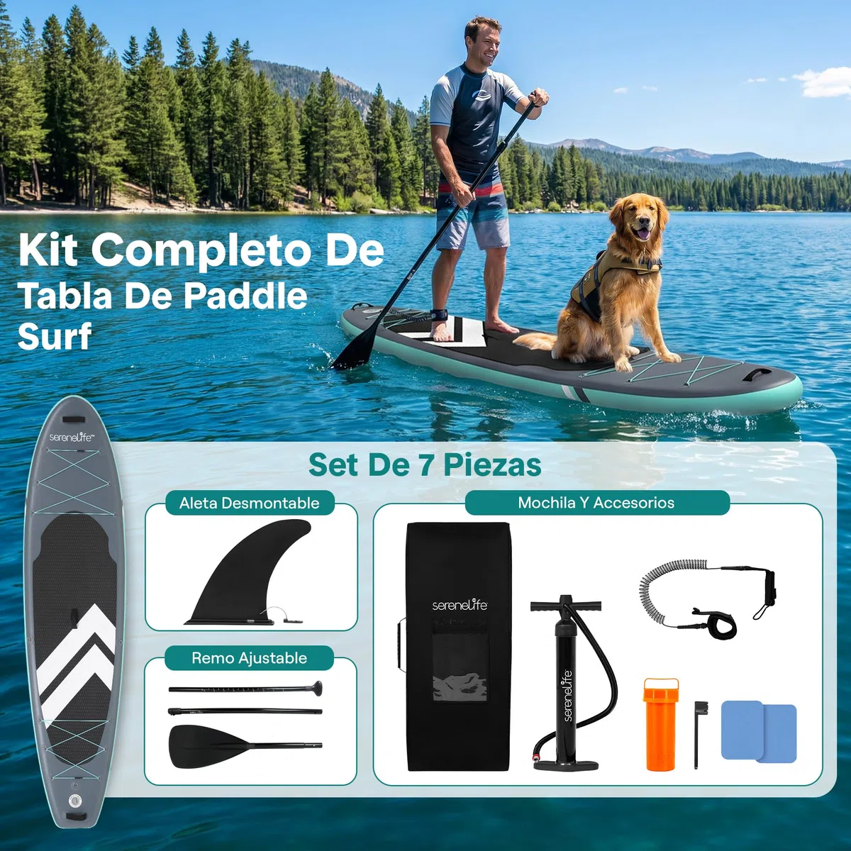 SereneLife Tabla Paddle Surf Hinchable, Ultra Ligera, Diseño Extra Ancho y Estable, con Almohadilla de Cubierta EVA Antideslizante, para Jóvenes y Adultos, Capacidad de 158.7kgs