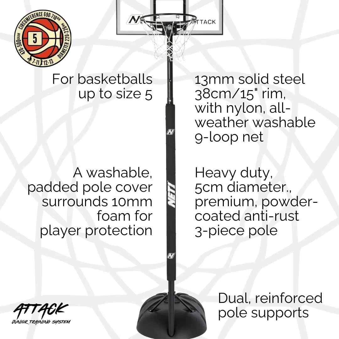 Tablero de Baloncesto y Sistema de Red para niños | Aro de Acero sólido Ultra Duradero de 15 Pulgadas | Montado en la Pared o portátil de Altura Ajustable | Poste Acolchado