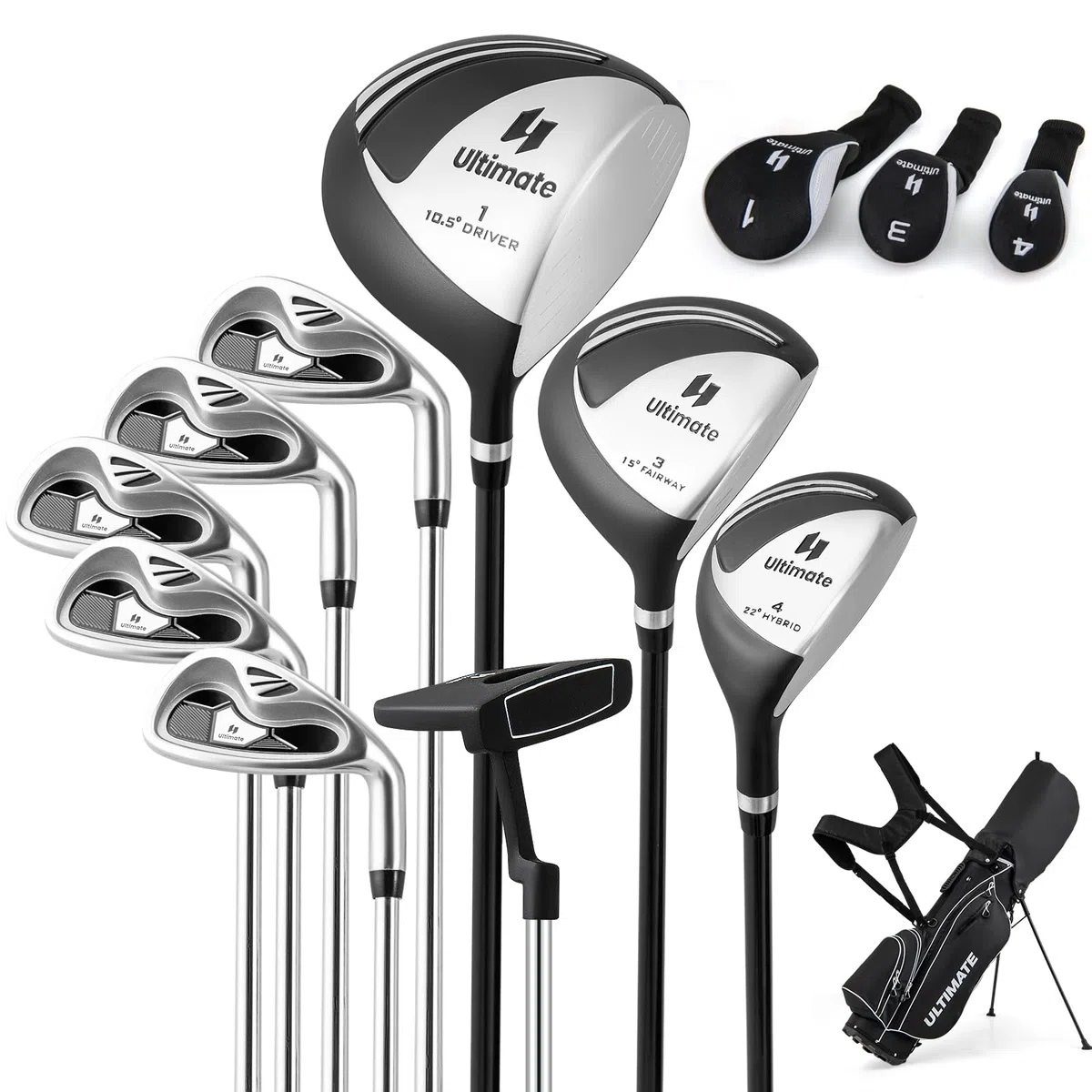 GYMAX Juego Completo de Palos de Golf para Hombre, Juego de Golf con Bolsa de Soporte, Bolsa trípode con 7 Compartimentos, Putter, 3 Maderas: Driver#1, Fairway#3, Hybrid#4, 5 Hierros