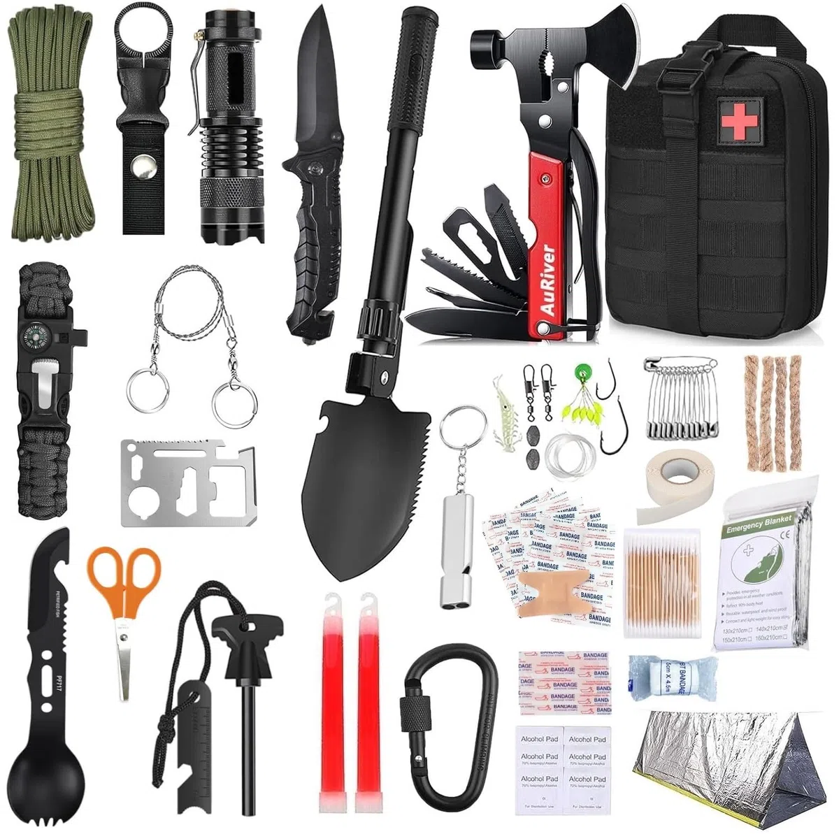 Kit de supervivencia para primeros auxilios con Hacha de Martillo Multifuncional 28 articulos distintos, Kit de Emergencia para Viajar Caminar Acampada Montaña