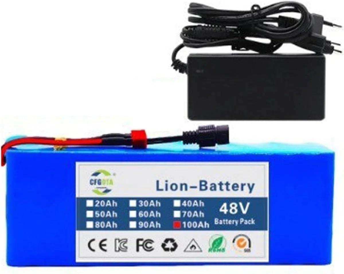 Batería de iones de litio de 48 V para bicicleta eléctrica, 20 Ah, 60 Ah, 90 Ah, 100 Ah, batería para bicicleta eléctrica y patinete con cargador para motores de 1000 W, 750 W y 500 W. 48V 100Ah,T+DC