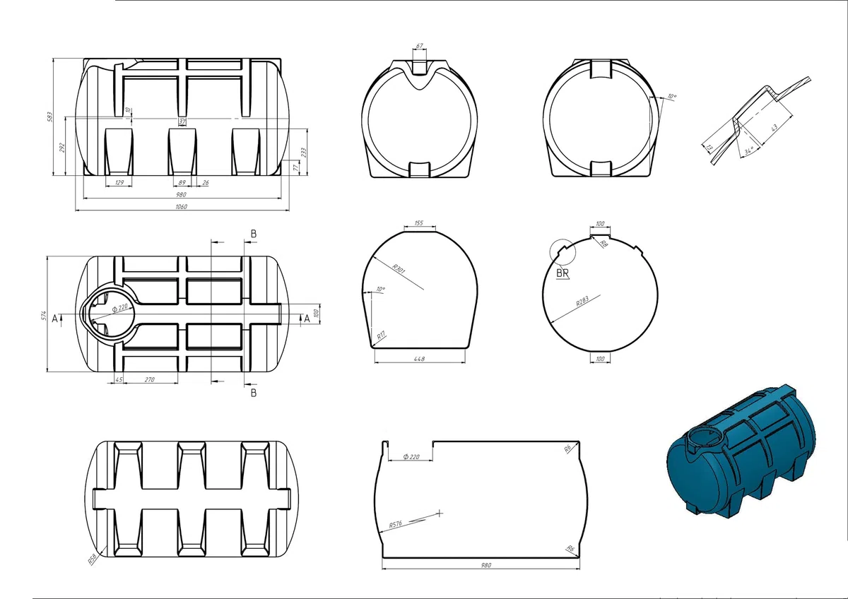 Varile Depósito de Agua Potable 250L Azul | Sin BPA | Rosca de latón de 3/4" integrada Apto para Uso alimentario | Horizontal