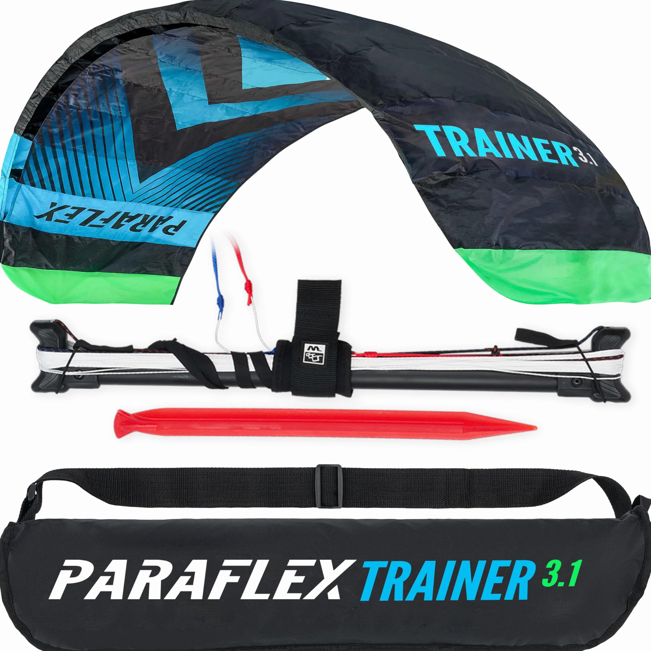 Wolkenstürmer Paraflex Trainer - Alfombra de dirección 3 l 3.1 (Verde/Naranja) - Cometa Lista para Volar 310 cm con Barra de Entrenamiento - Kite & Windtrainer