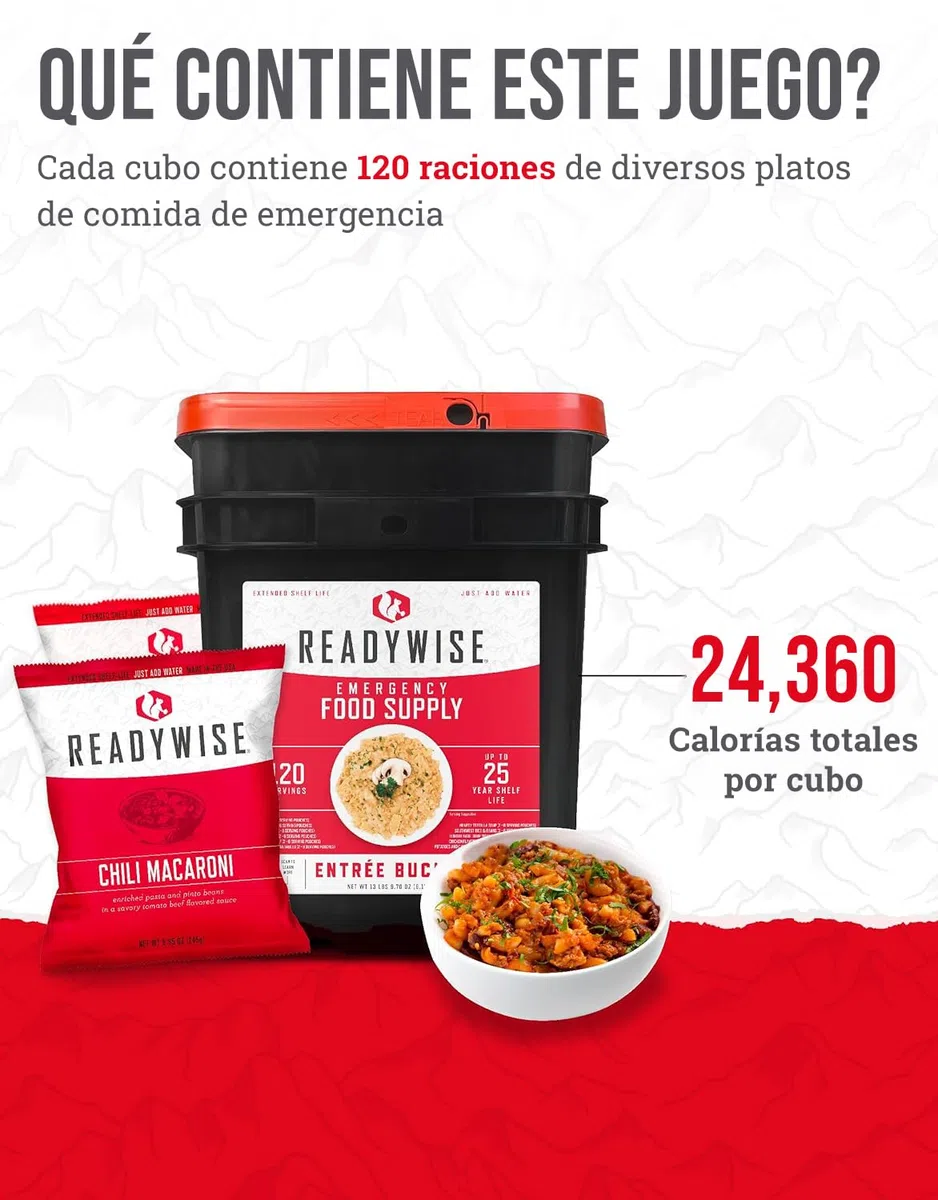 ReadyWise, 120 raciones, sólo almuerzo y cena, 13 recetas diferentes, cubo para llevar, liofilizado, Hasta 25 Años de Vida Útil, 7 días para 2 personas