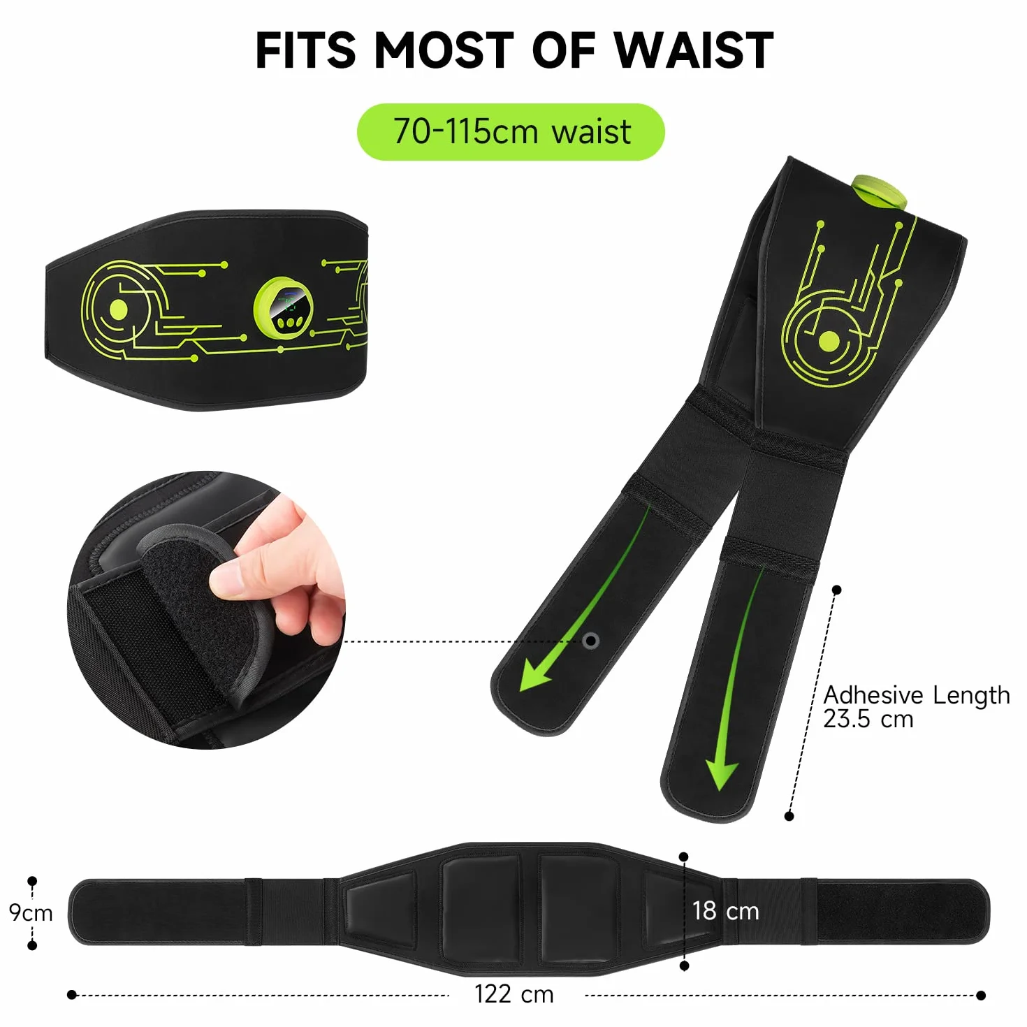EMS Electroestimulador Muscular, Abdominales Electroestimulacion, Abdominales Cinturón, Masajeador Eléctrico Cinturón, 6 Modos y 15 Niveles de Intensidad (Hombres/Mujeres) - Verde