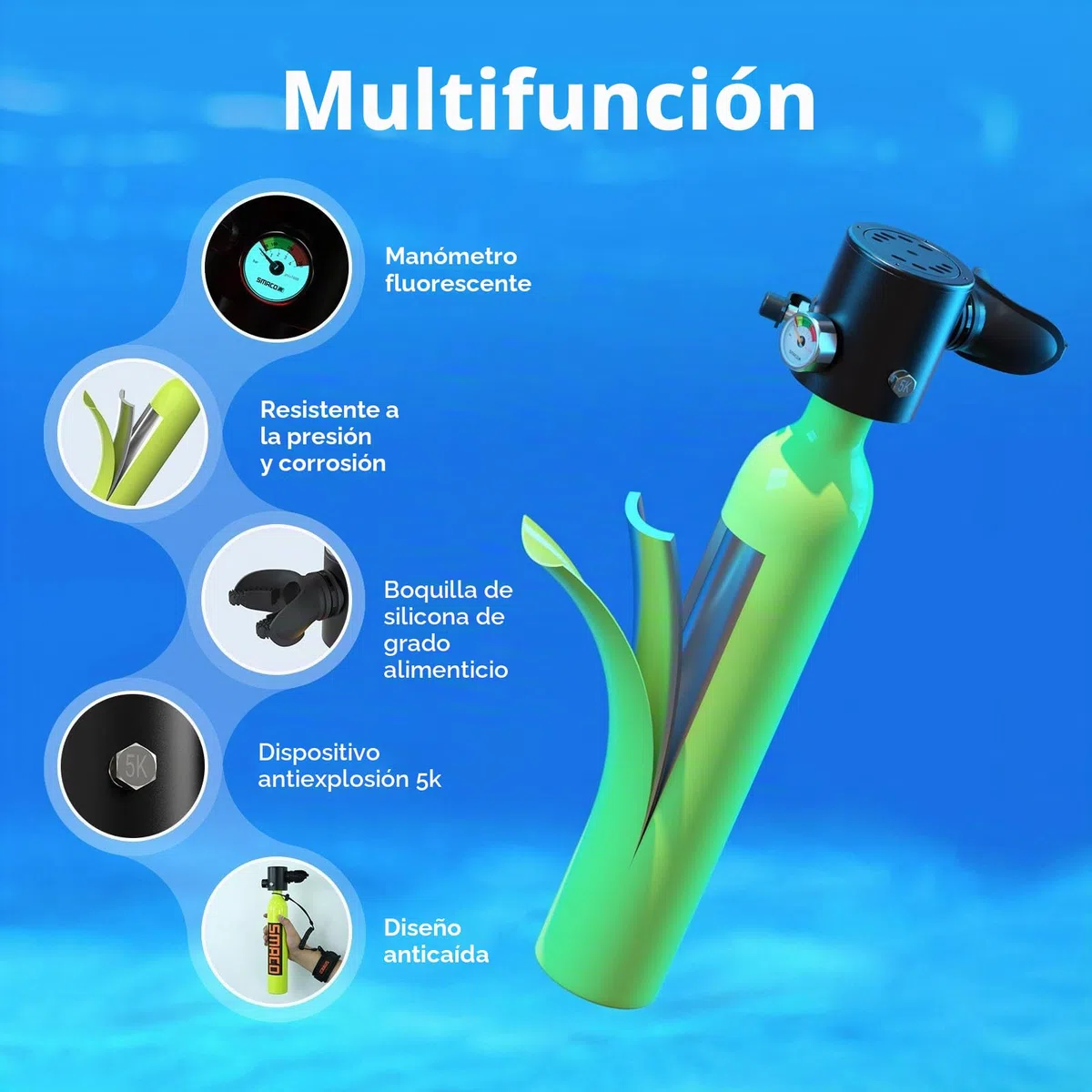 SMACO S300 Mini Botella de Buceo 0,5 litros Portatil Bombona de Buceo para Respiración Subacuática Pequeñas Botella Submarinismo Tanque de Buceo Recargable para Viajes Nadar Rescate