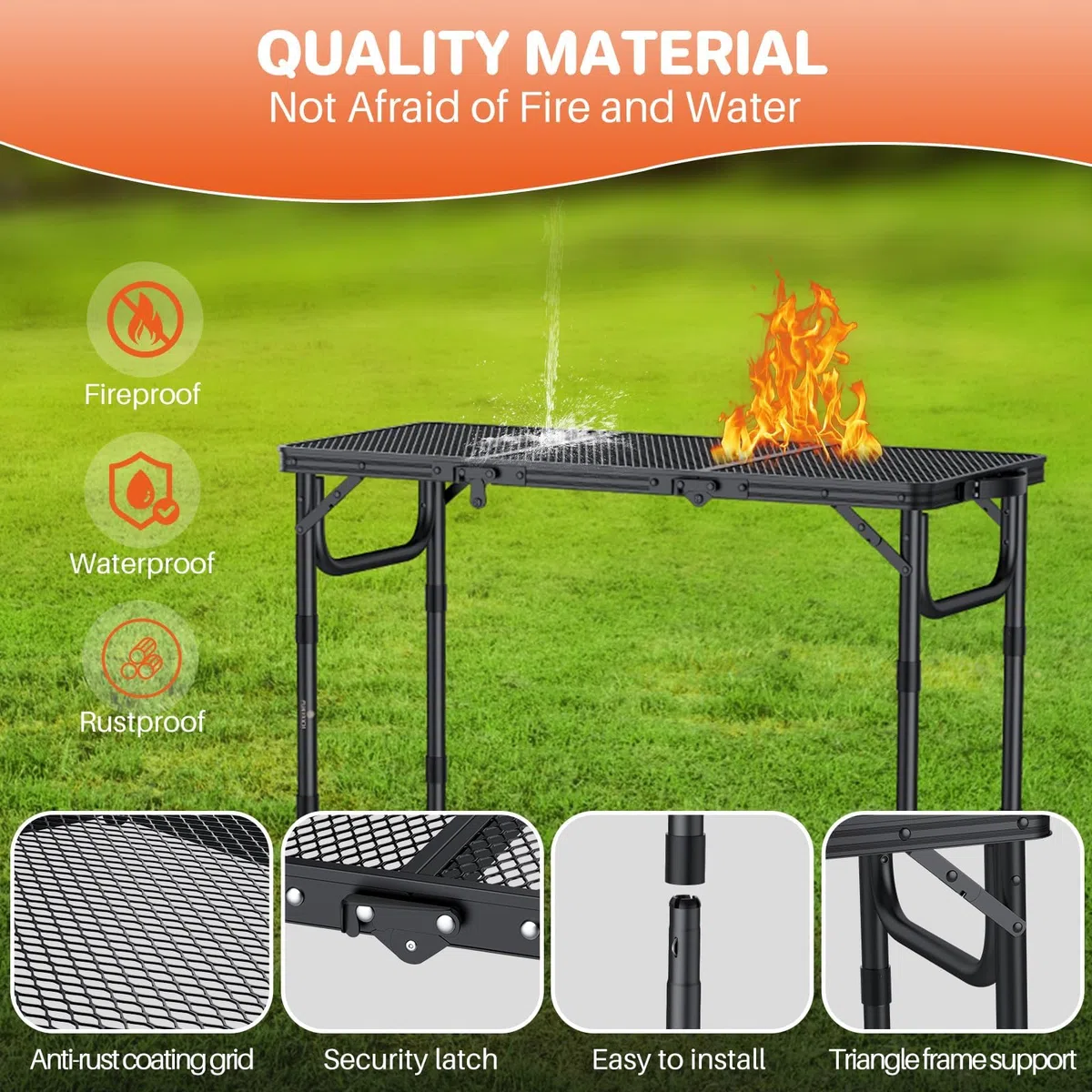 FUNYKICH Mesa Plegable Portátil para Barbacoa 87x40cm, Mesa Plegable Camping Alturas Ajustables (26/48/70cm), Superficie de Malla Aluminio Impermeable, Montaje Rápido, para Camping, Jardín y Fiestas