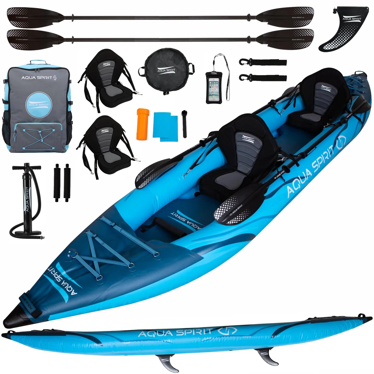 Aqua Spirit Tabla inflable de kayak | 10'12.7 cm/13'12.7 cm | Kit completo de kayak para 1 o 2 personas con remo, mochila, bomba de doble acción y más accesorios | Adultos principiantes/expertos