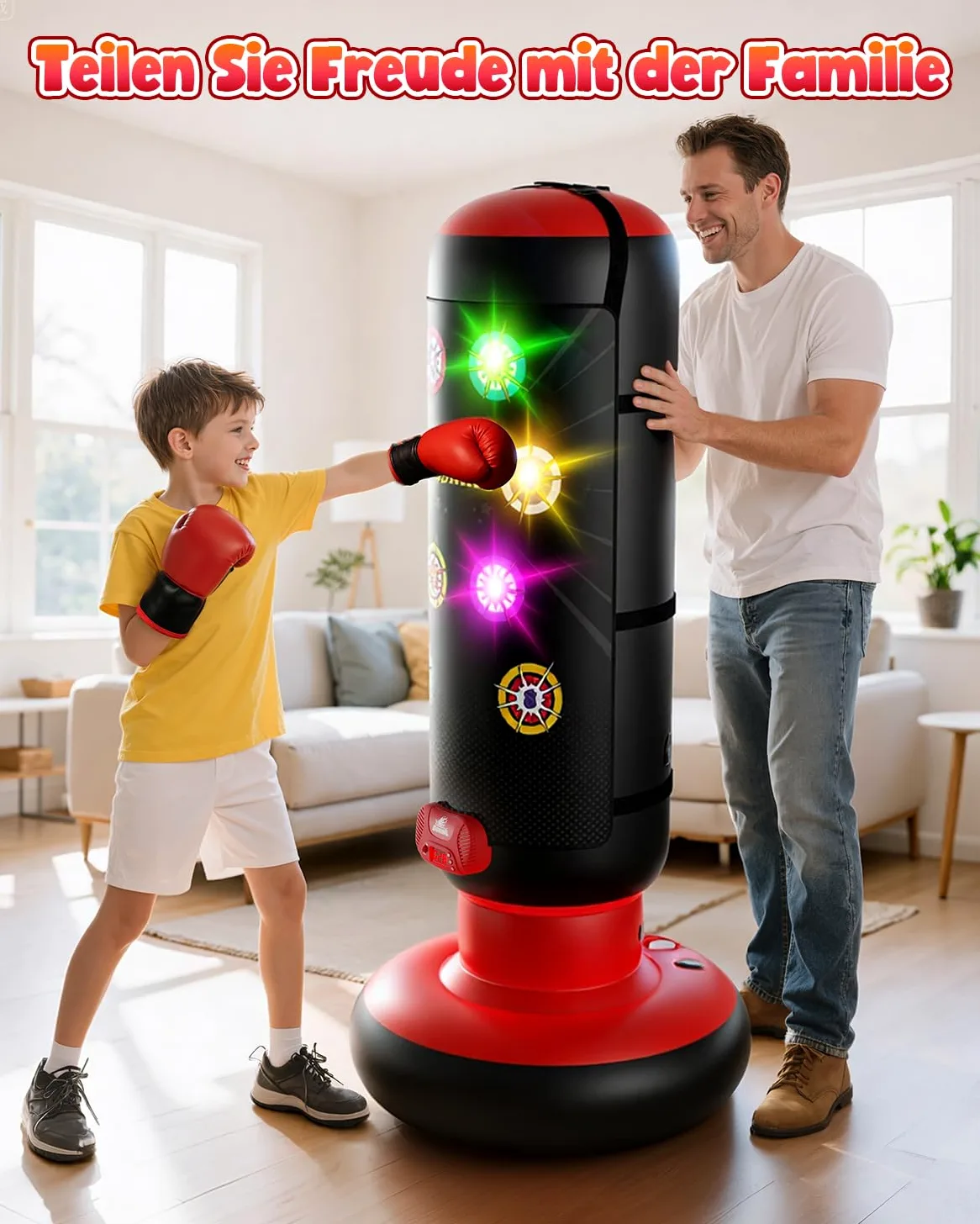 Saco de boxeo para niños, saco de boxeo de pie con música y luz, saco de boxeo interactivo, saco de boxeo hinchable con guante de boxeo, regalos para 6, 7, 8, 9, 10, 11, 12 años, niños, 2026