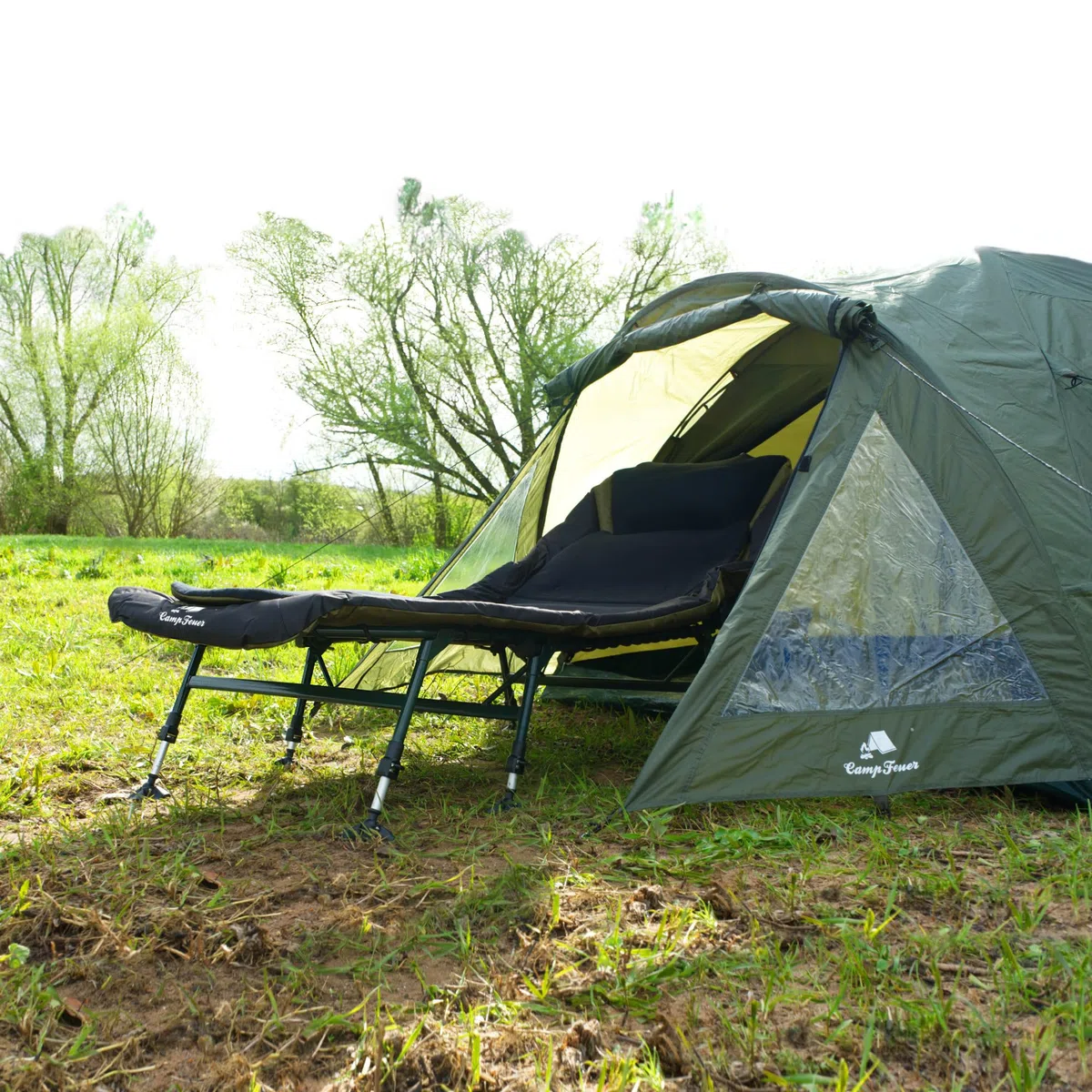 CampFeuer Tumbona de carpa XXL 210 x 85 x 45 – 60 cm, altura ajustable y estable con 8 patas, cama de campamento, cama de campo, cama de campo, cama de campo, cómoda acolchada