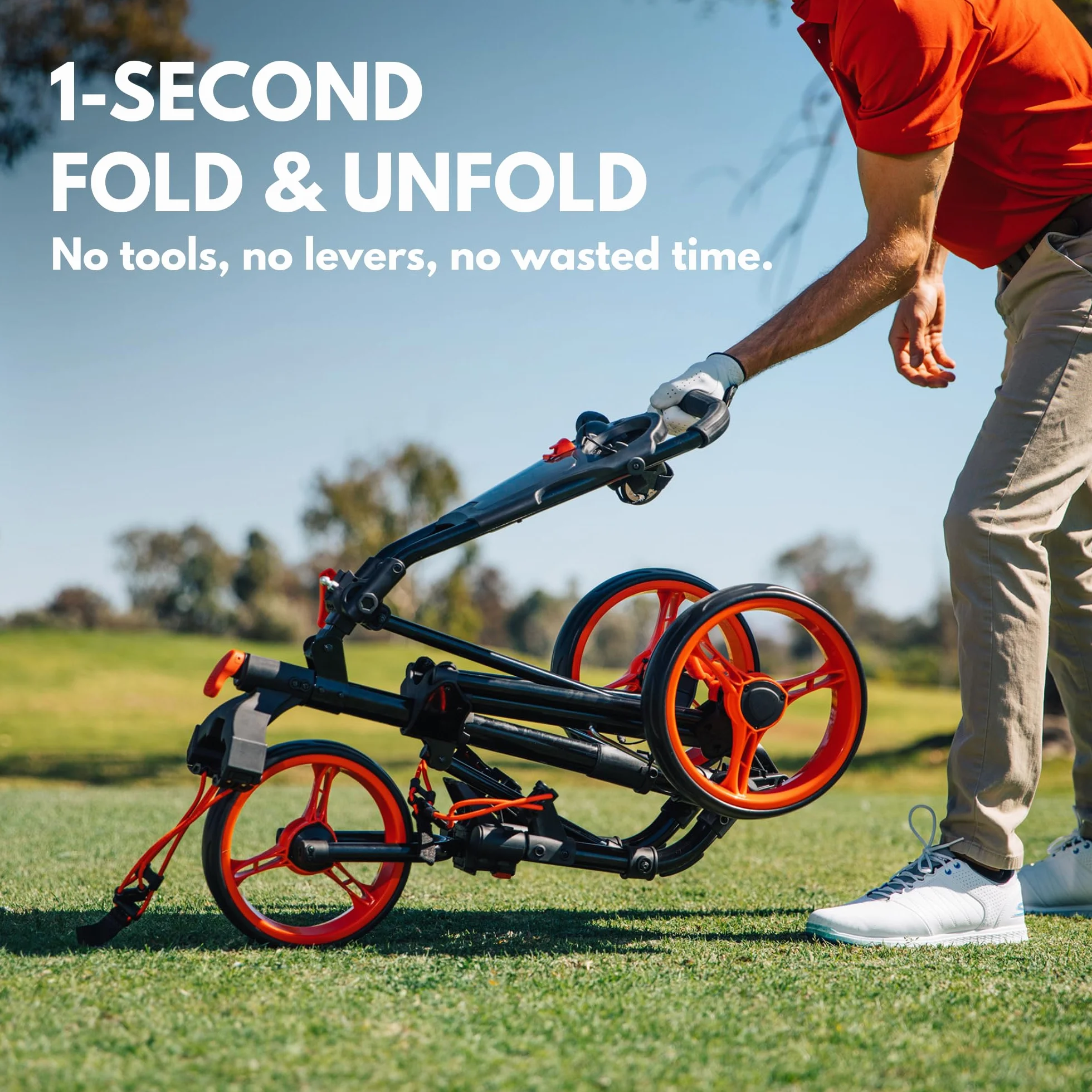 Qwik-Fold Carrito de Golf de 3 Ruedas, Freno de pie, un Segundo para Abrir y Cerrar