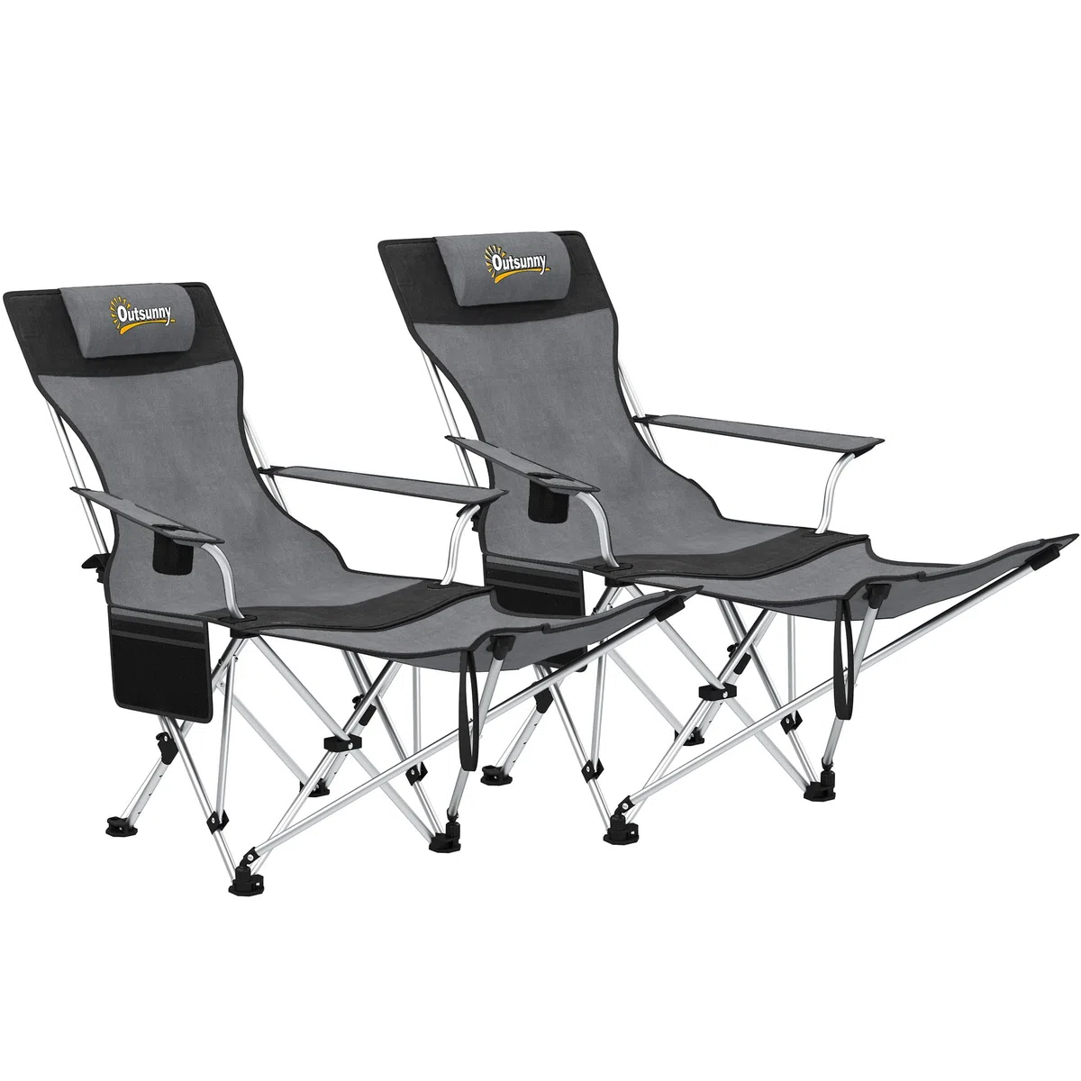 Outsunny Conjunto de 2 Sillas Plegables Camping Tumbonas Camping Portátiles con Reposapiés Desmontable Reposacabezas Portavasos y Bolsa Lateral Carga 120 kg para Jardín Playa Pesca Gris y Negro