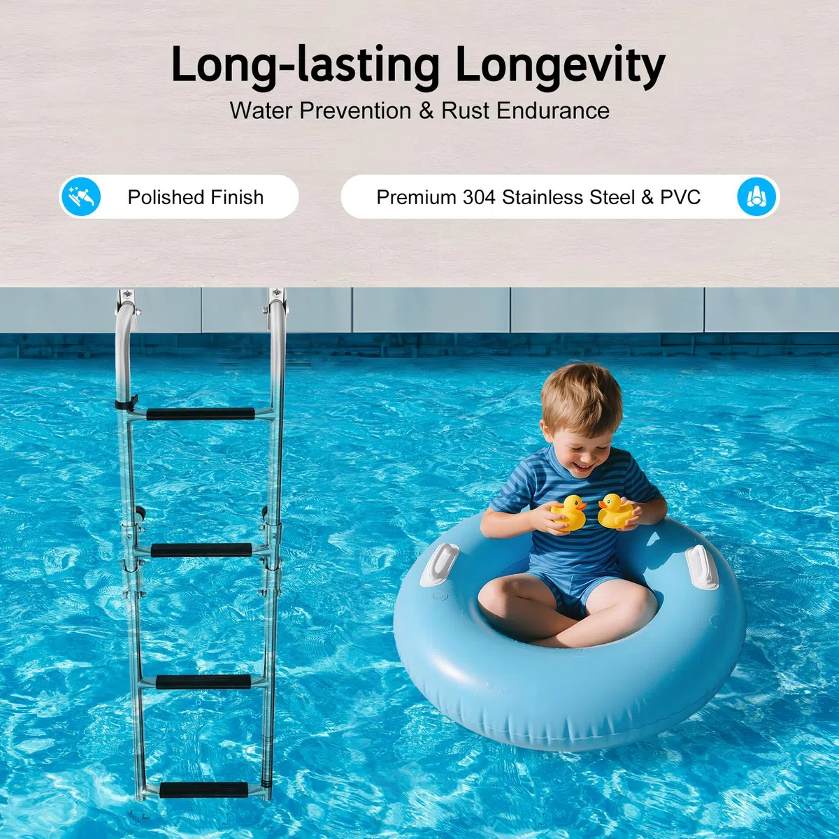 Escalera telescópica plegable de 4 peldaños, acero inoxidable para barco, yate, peldaños antideslizantes y carga máxima de 136 kg, para pontón, barco, yate, piscina cubierta