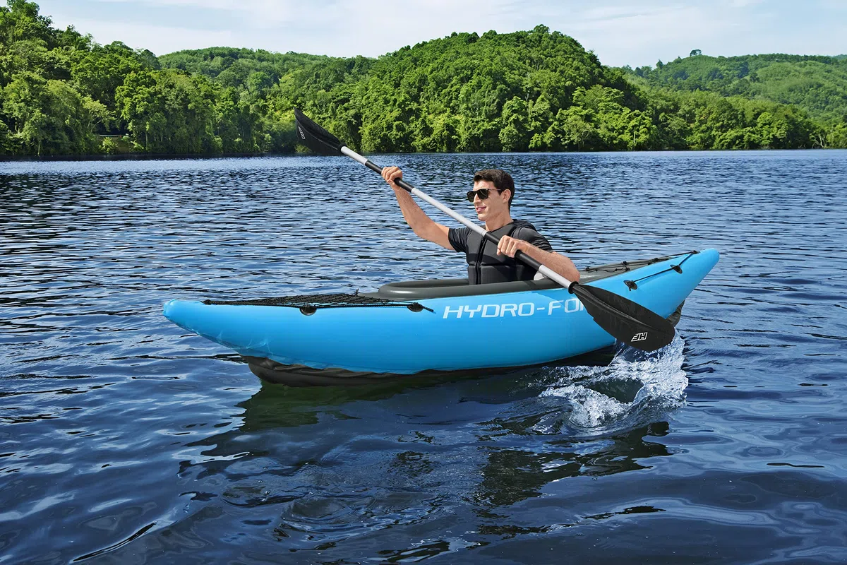 Hydro-Force Cove Champion | 1 Person Inflatable Kayak Set with Hand Pump, Paddles, Carry Bag, Blue