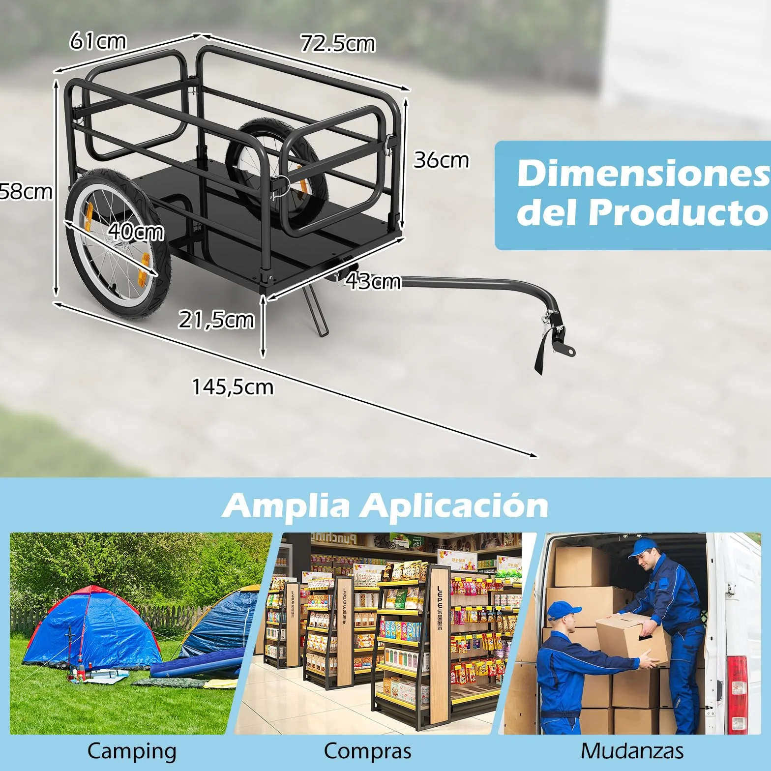 GYMAX Remolque de Bicicleta 2 en 1 con Estructura Metálica Plegable y Funda Extraíble, Carro de Arrastre con Ruedas de Aire Fiables de 40 CM, Enganche Versátil para Compatibilidad Multi-Bicicletas