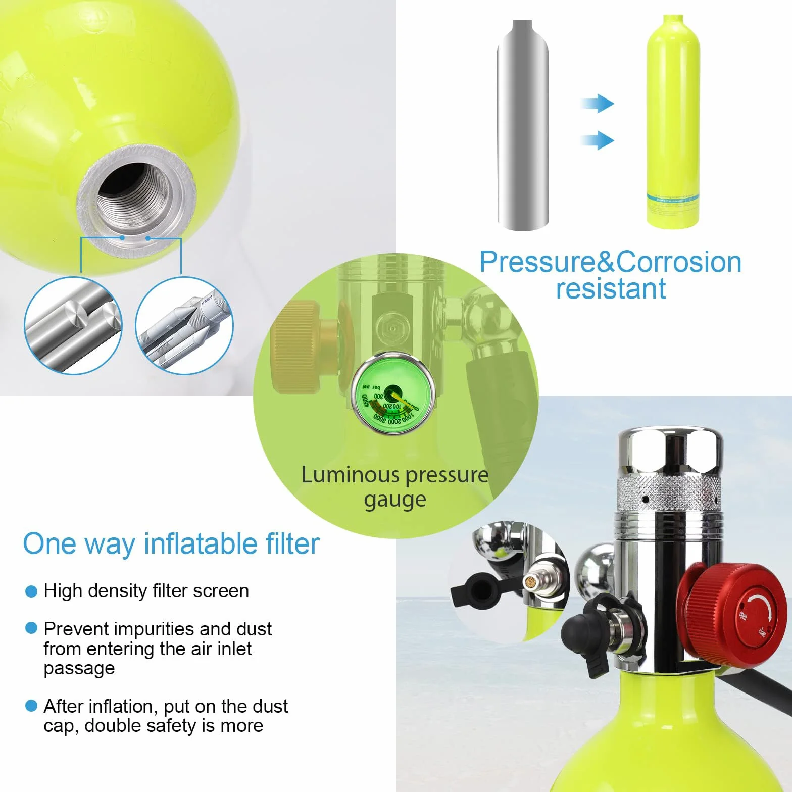 Botella Buceo 1l Cilindro de oxigeno para Respirar, Juego de Tanques de oxígeno, Mini Equipo de Buceo Equipo de Buceo Libertad de respiración bajo el Agua Durante con diseño Recargable,Azul
