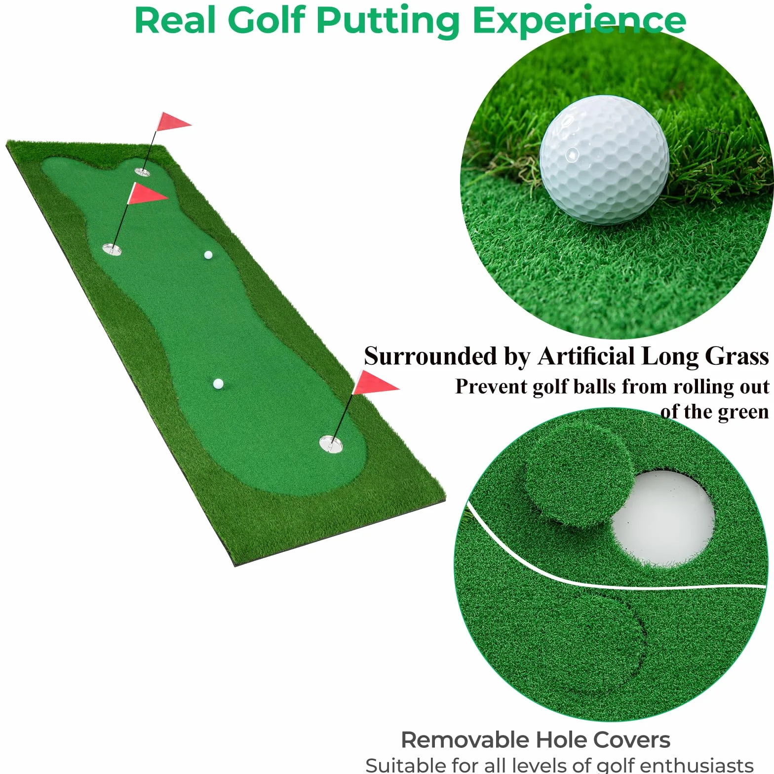 LIFEZEAL Alfombrilla de Entrenamiento de Golf, 3x1m, Esterilla Golf Profesional con 2 Pelotas de Golf, Alfombra de práctica con 3 Agujeros, tapete de Golf Plegable para Interior y Exterior