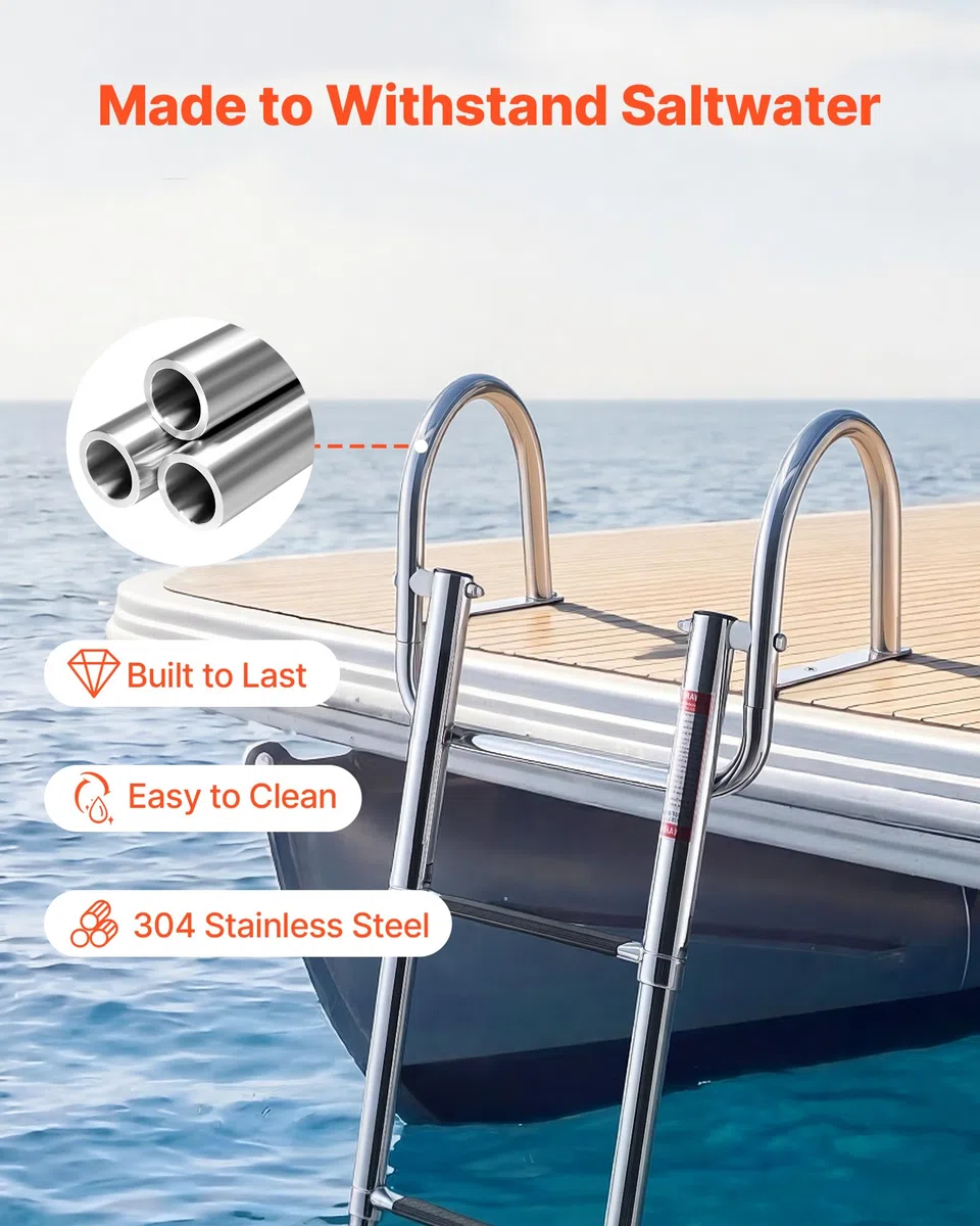 VEVOR Escalera para Barco Telescópica de Acero Inoxidable de 4 Peldaños, Soporta 272 kg, Escalera Plegable de Embarque con Pasamanos y Peldaños Antideslizantes para Muelle, Piscina, Pontón, Plataforma