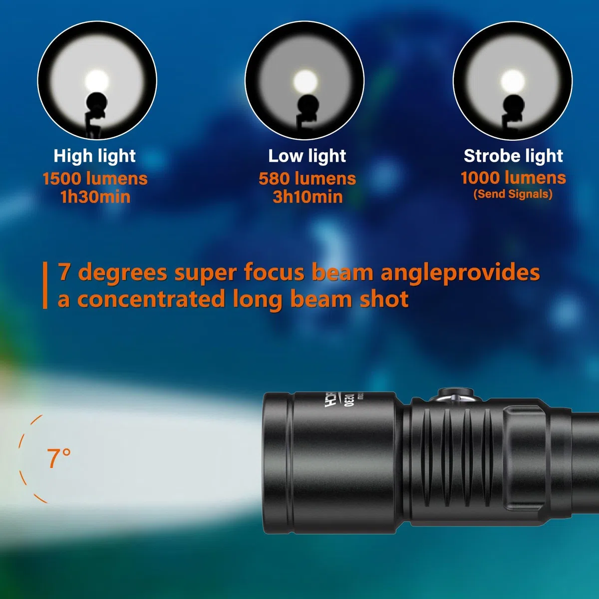ORCATORCH D530 Luz de buceo, 1500 lúmenes, ángulo de haz estrecho de 7 grados, interruptor de botón lateral, dos modos de iluminación para buceo bajo el agua 150 metros