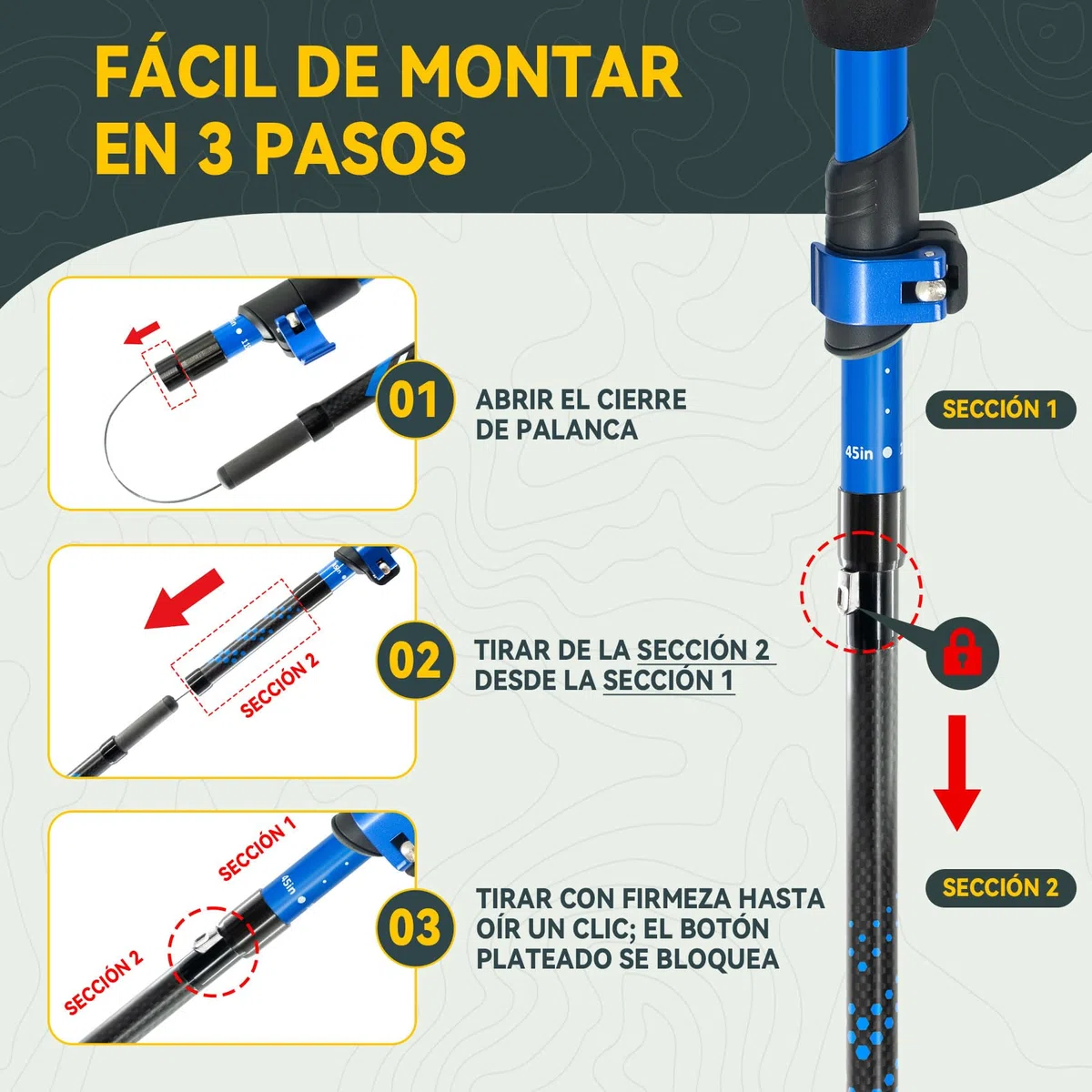Clostnature Bastones de Senderismo Plegables - Bastones Trekking de Fibra de Carbono, Juego de 2, Ajustables 115-135 cm, Sistema de Bloqueo Rápido, Palos de Senderismo Ultraligeros y Resistentes